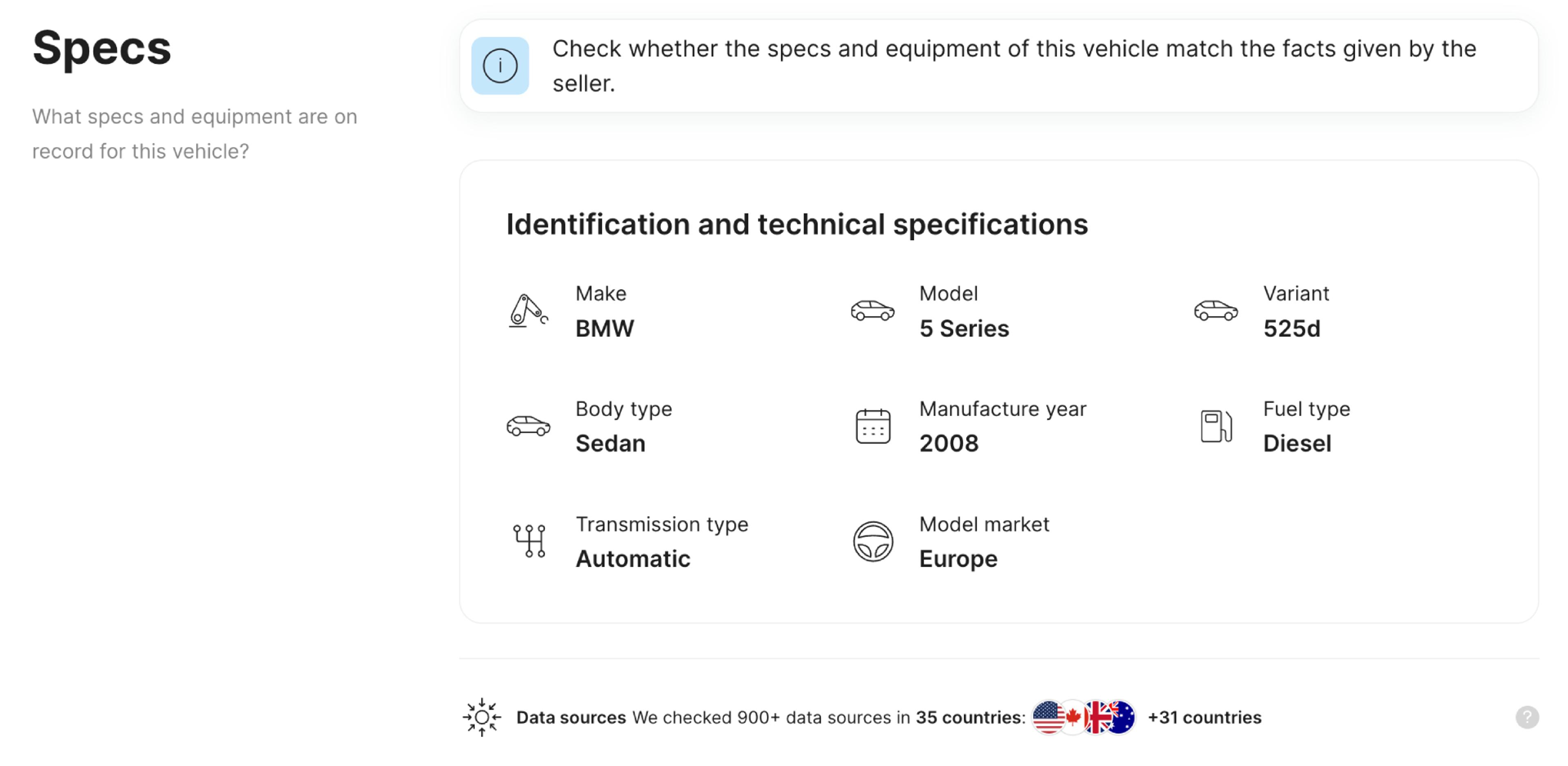 BMW 5 series specs found in a vehicle history report