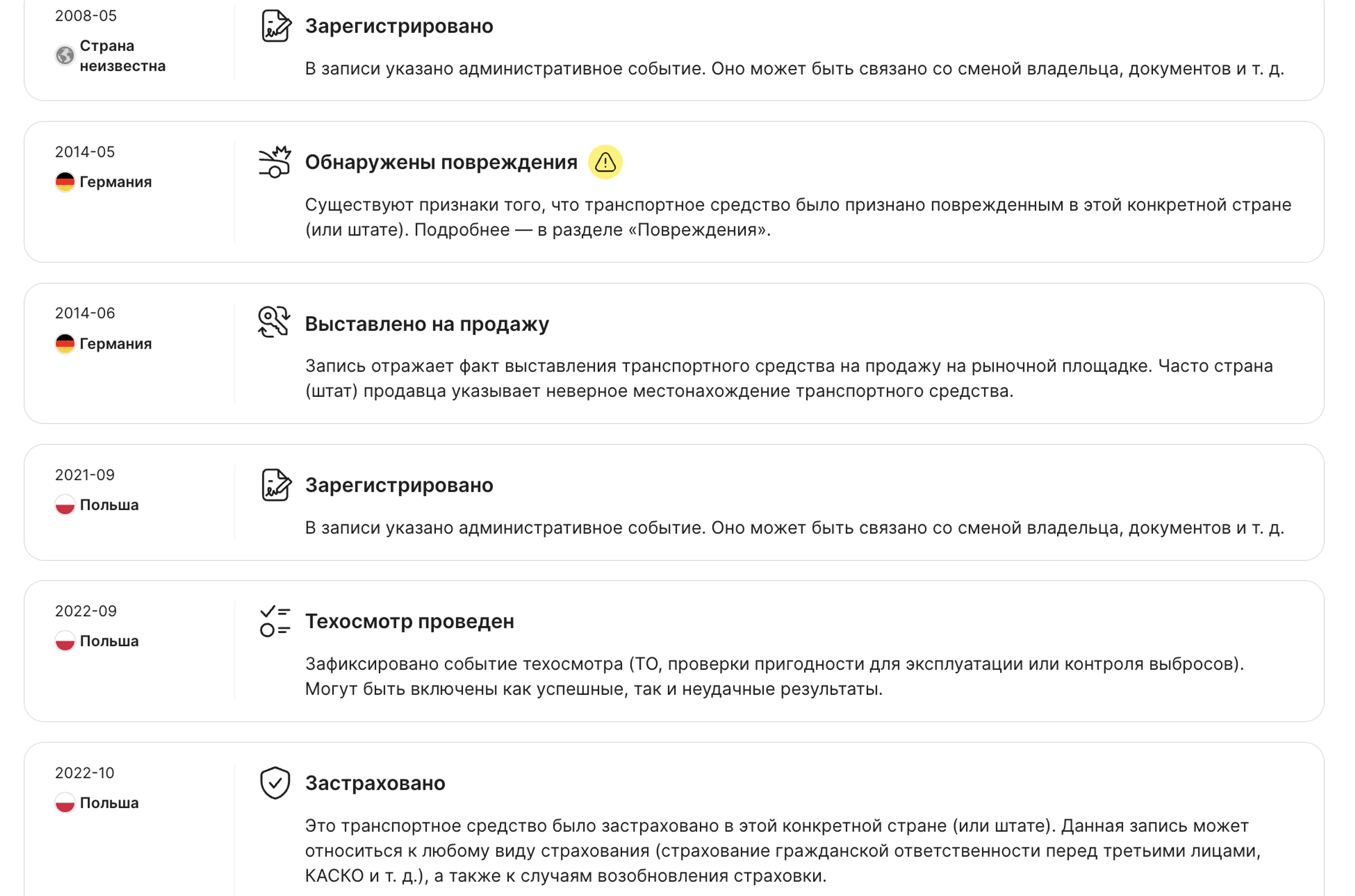 записи, найденные в разделе временной шкалы отчета carVertical