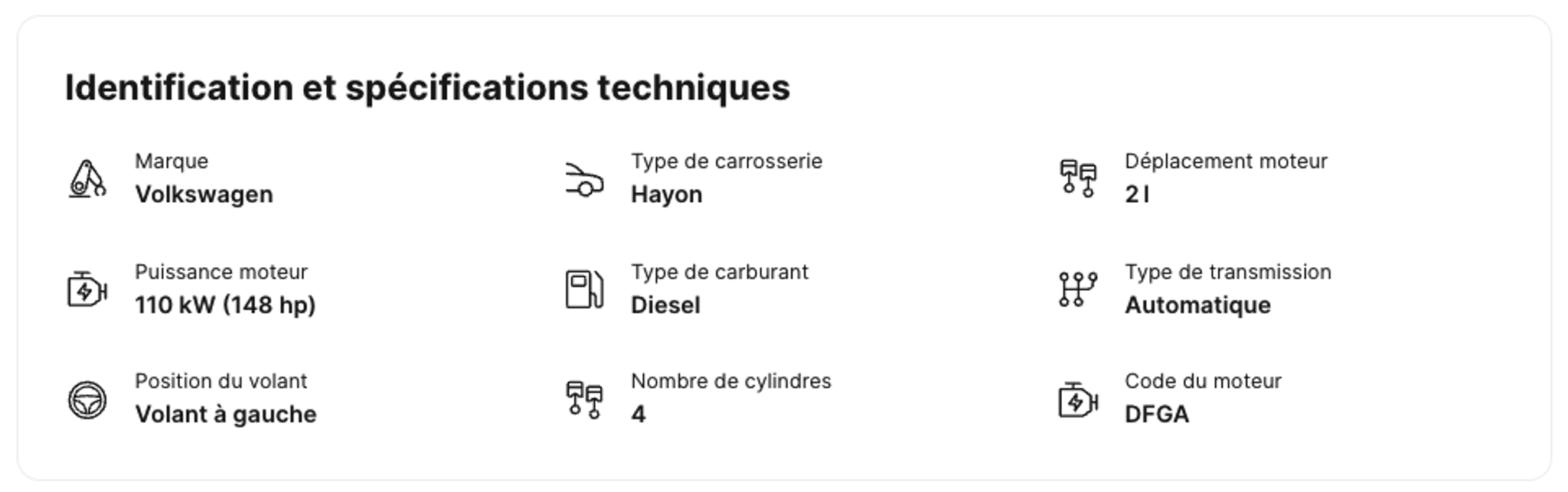 Spécifications et équipement dans un rapport d’historique de véhicule de carVertical