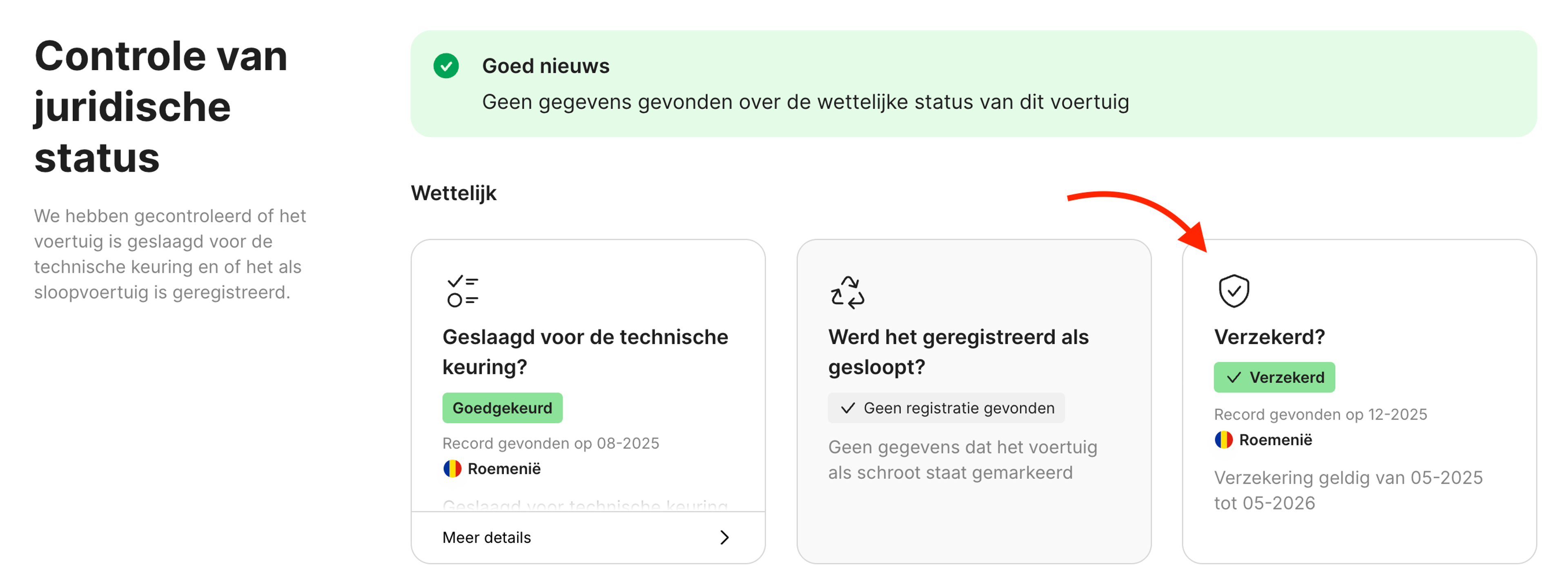 Overzichtskaart met verzekeringsinformatie in het onderdeel ‘Controle van de juridische status’
