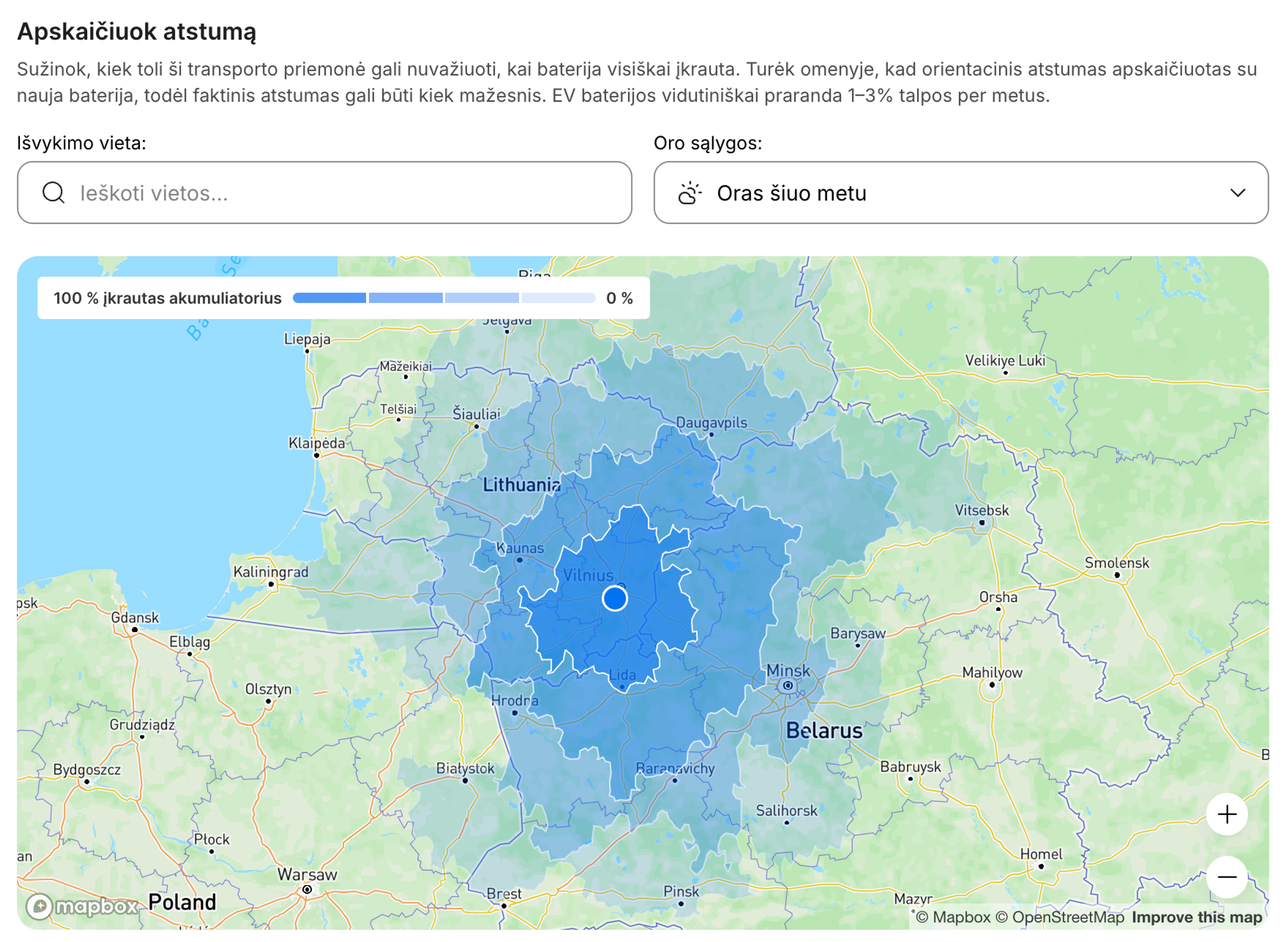 Interaktyvus elektromobilio atstumo žemėlapis, kuriame rodomas numatomas nuvažiuojamas atstumas.