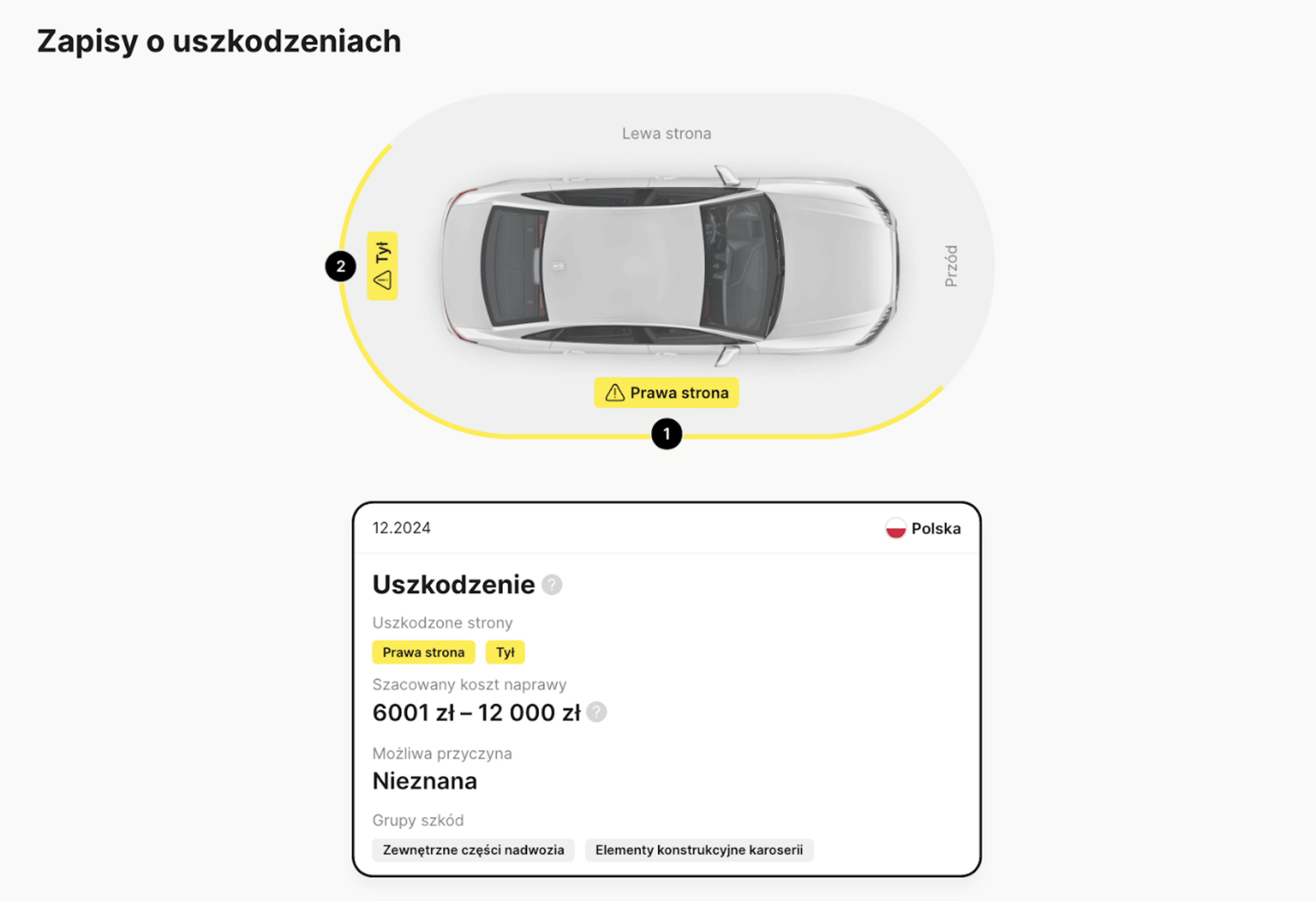 Zapis o uszkodzeniach z raportu carVertical