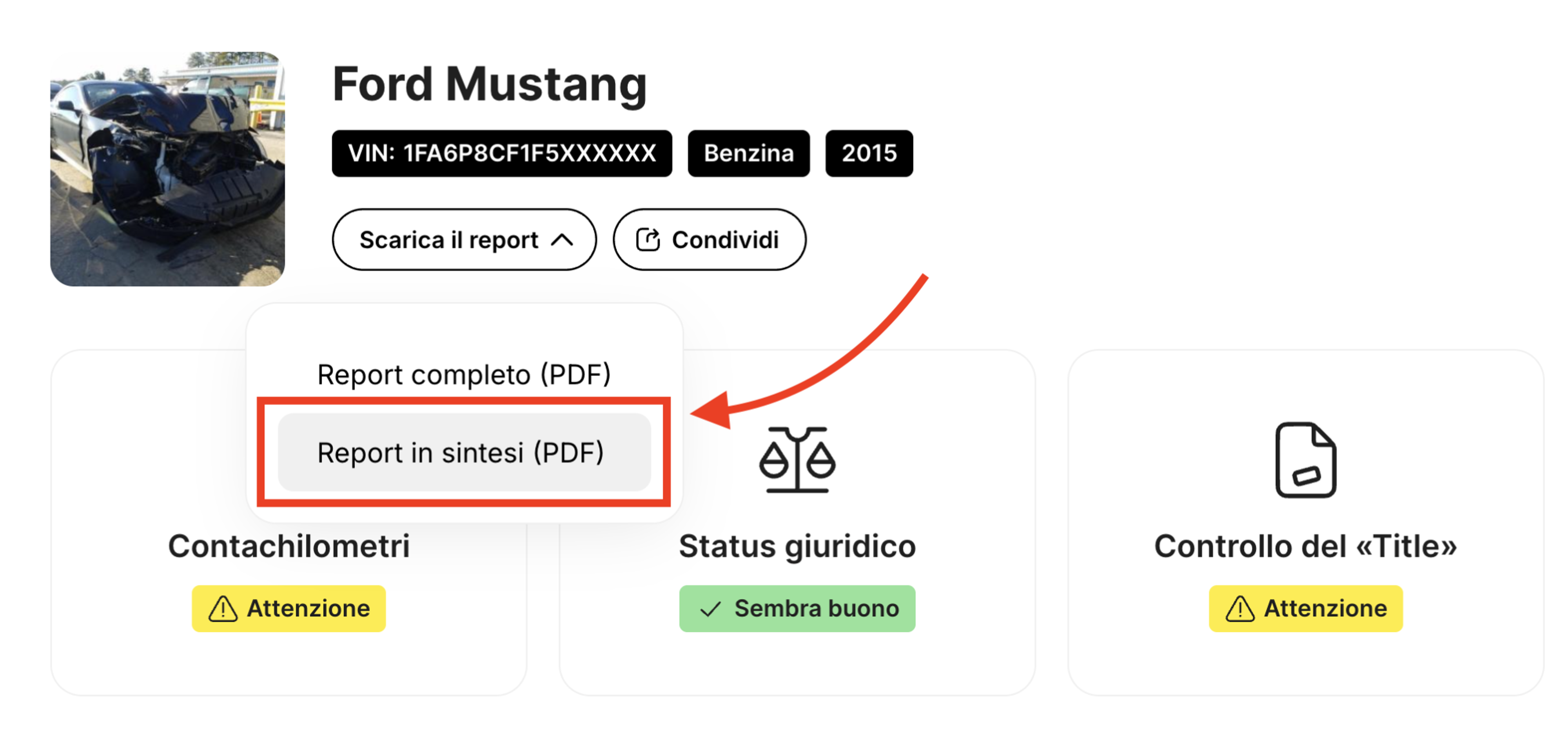 Come scaricare il report in sintesi di carVertical in PDF