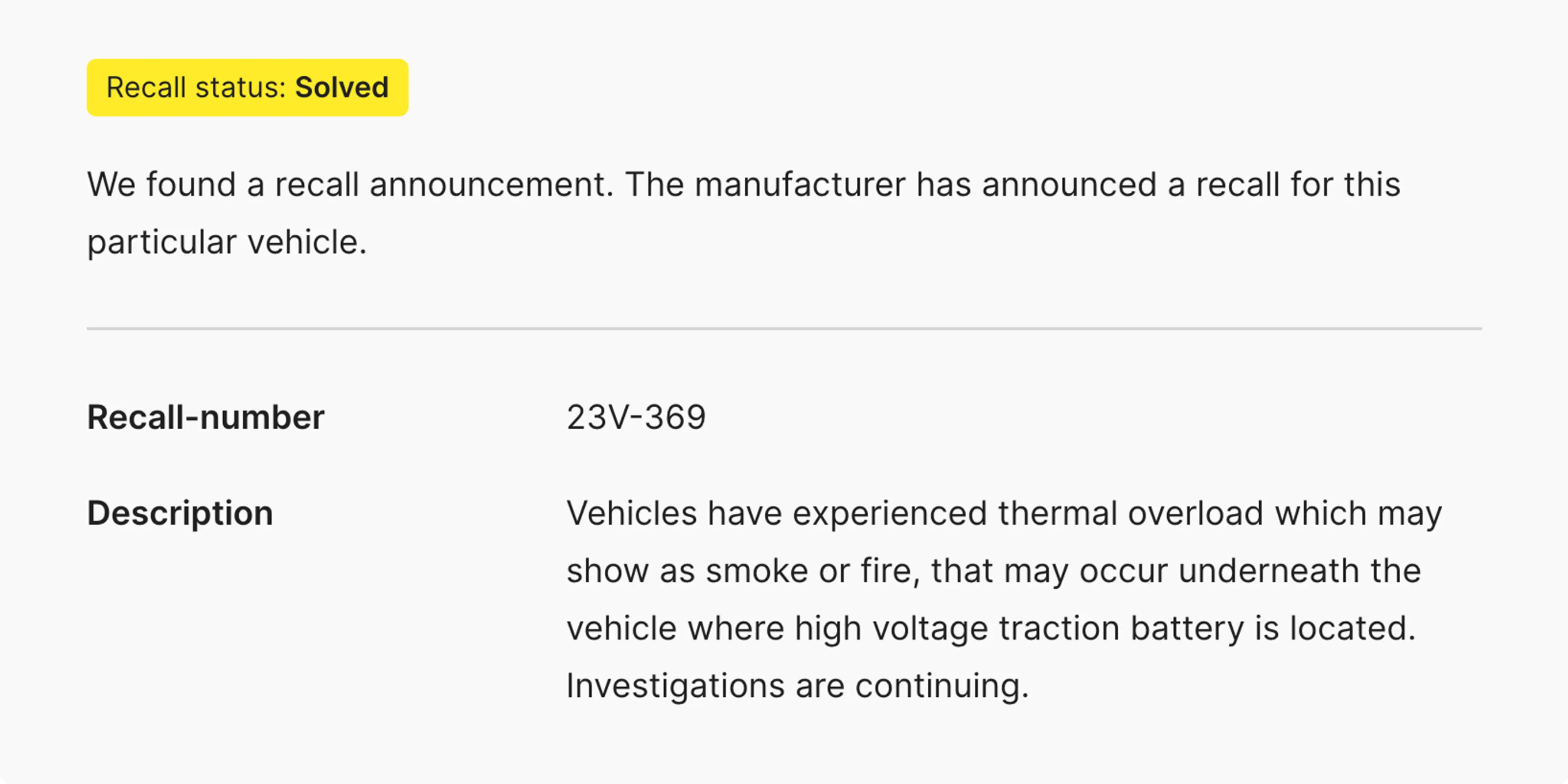 Recall description in carVertical report