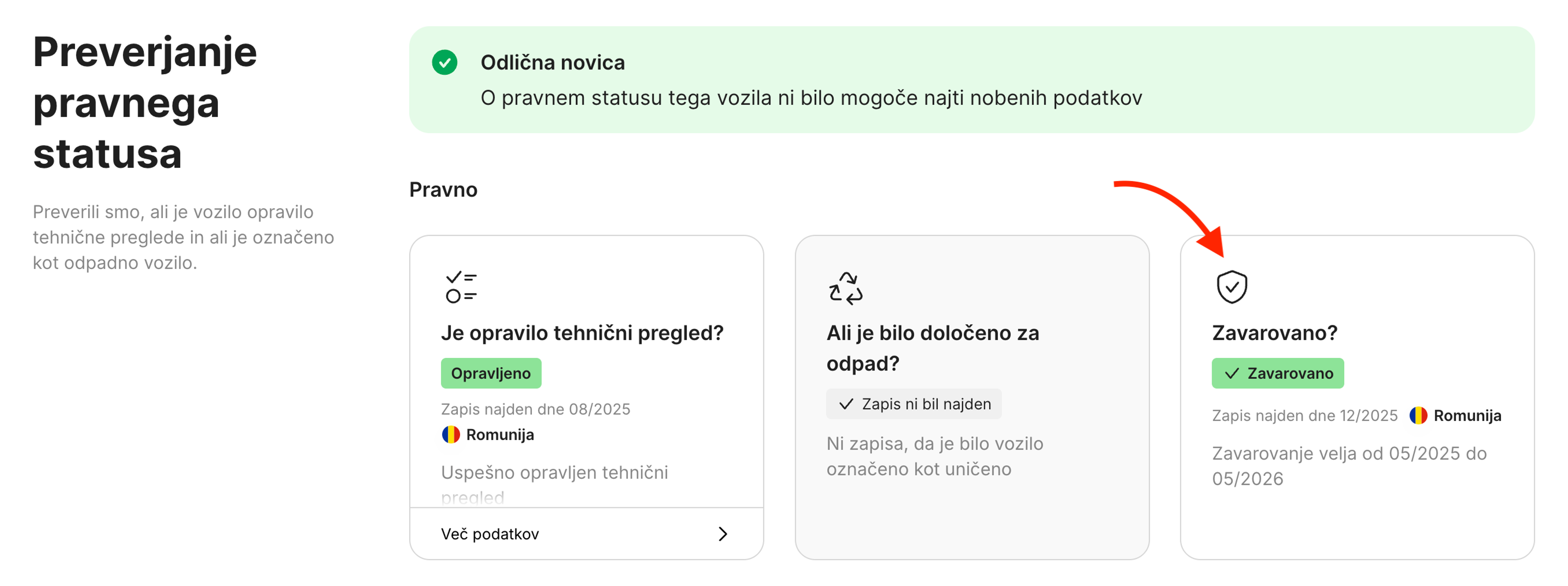 Kartica Zavarovanje v razdelku Pregled pravnega statusa