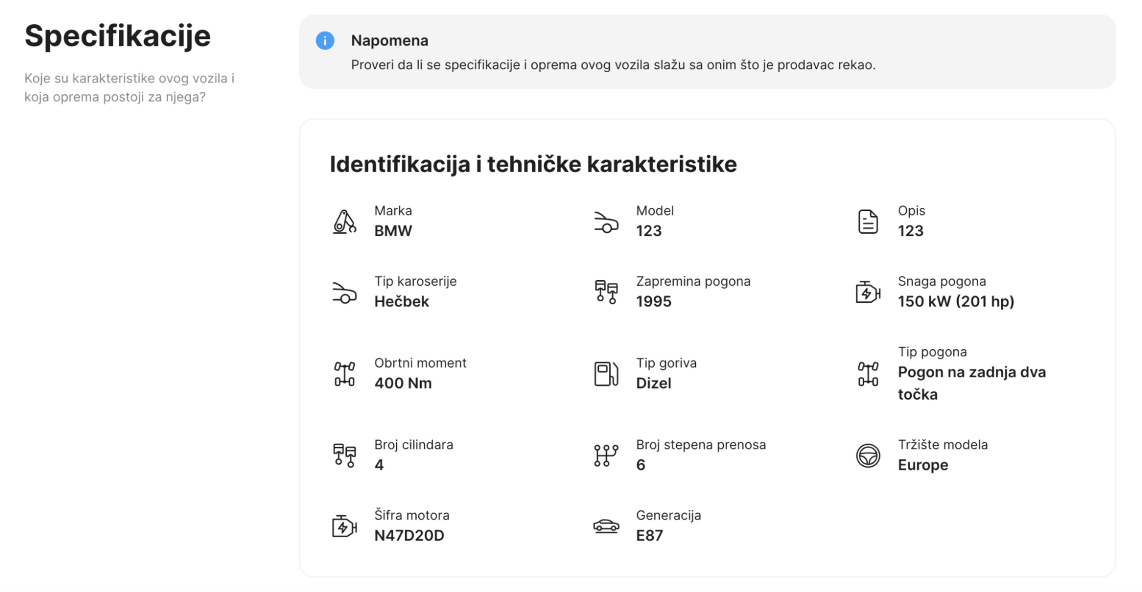 Izvorne specifikacije automobila u carVertical izveštaju