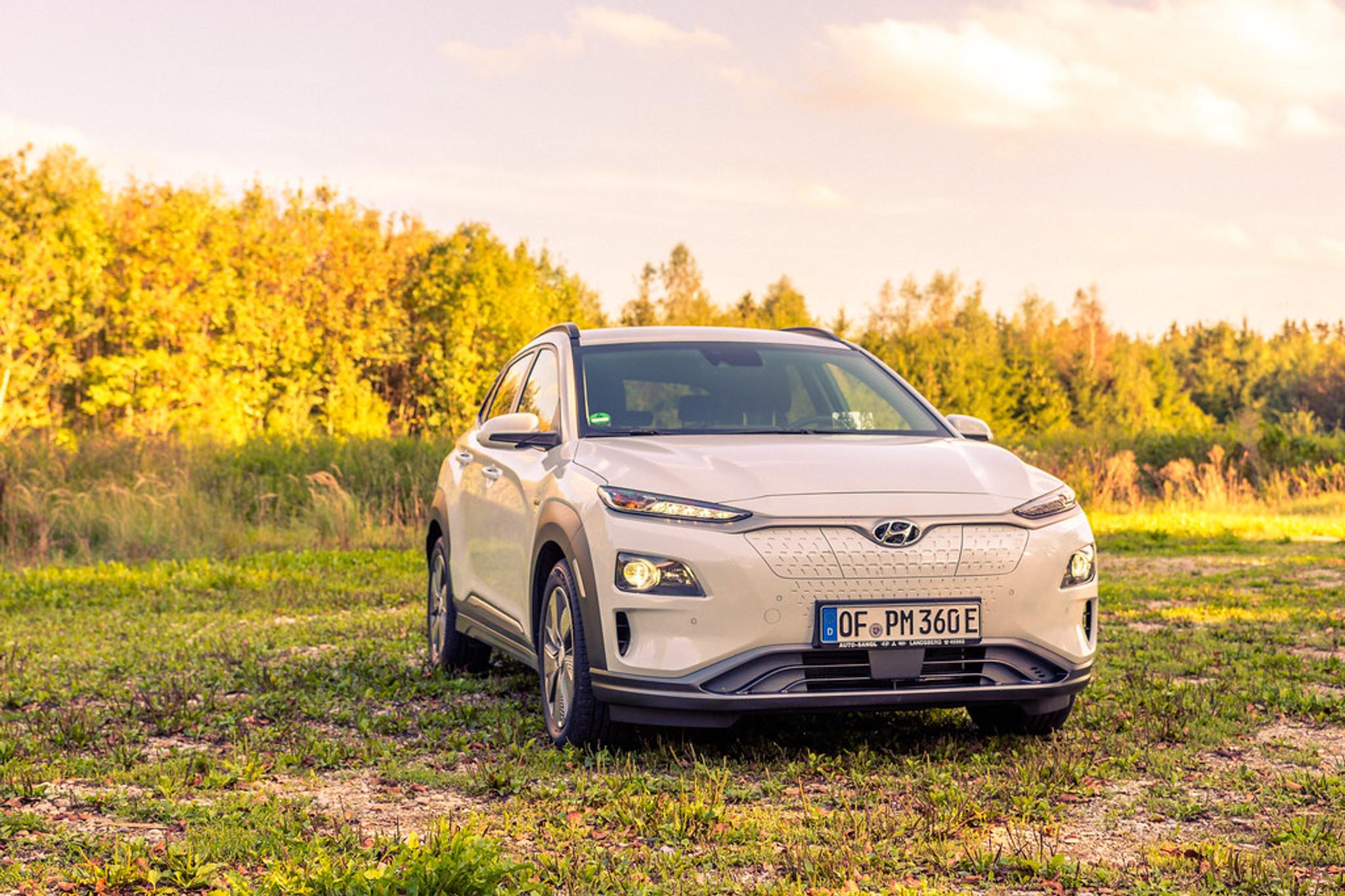 Weißer Hyundai Kona Electric auf einer Wiese geparkt