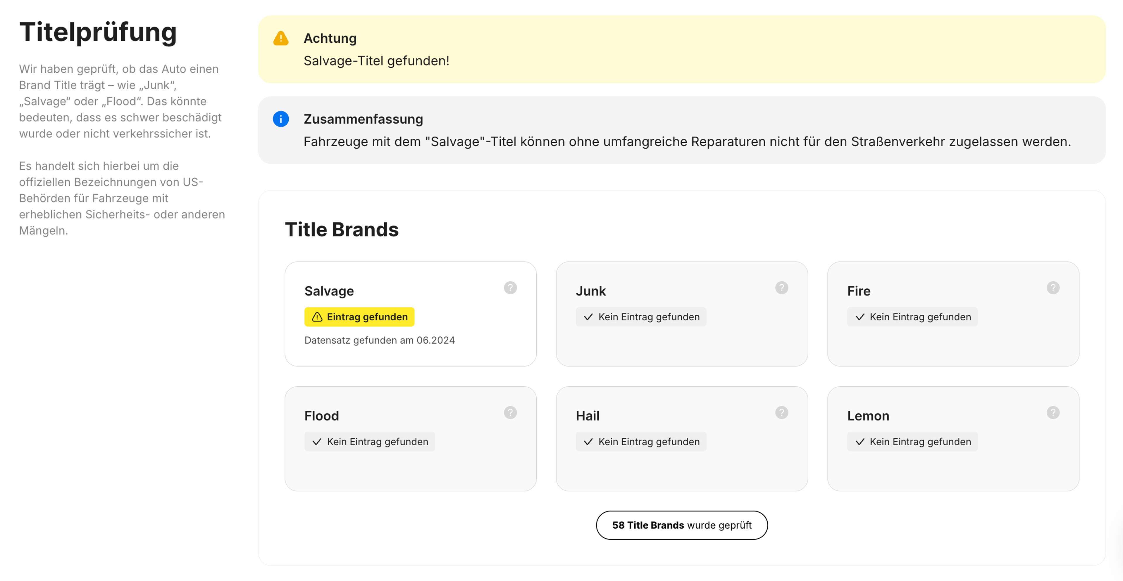 Salvage-Titel in einem carVertical-Bericht