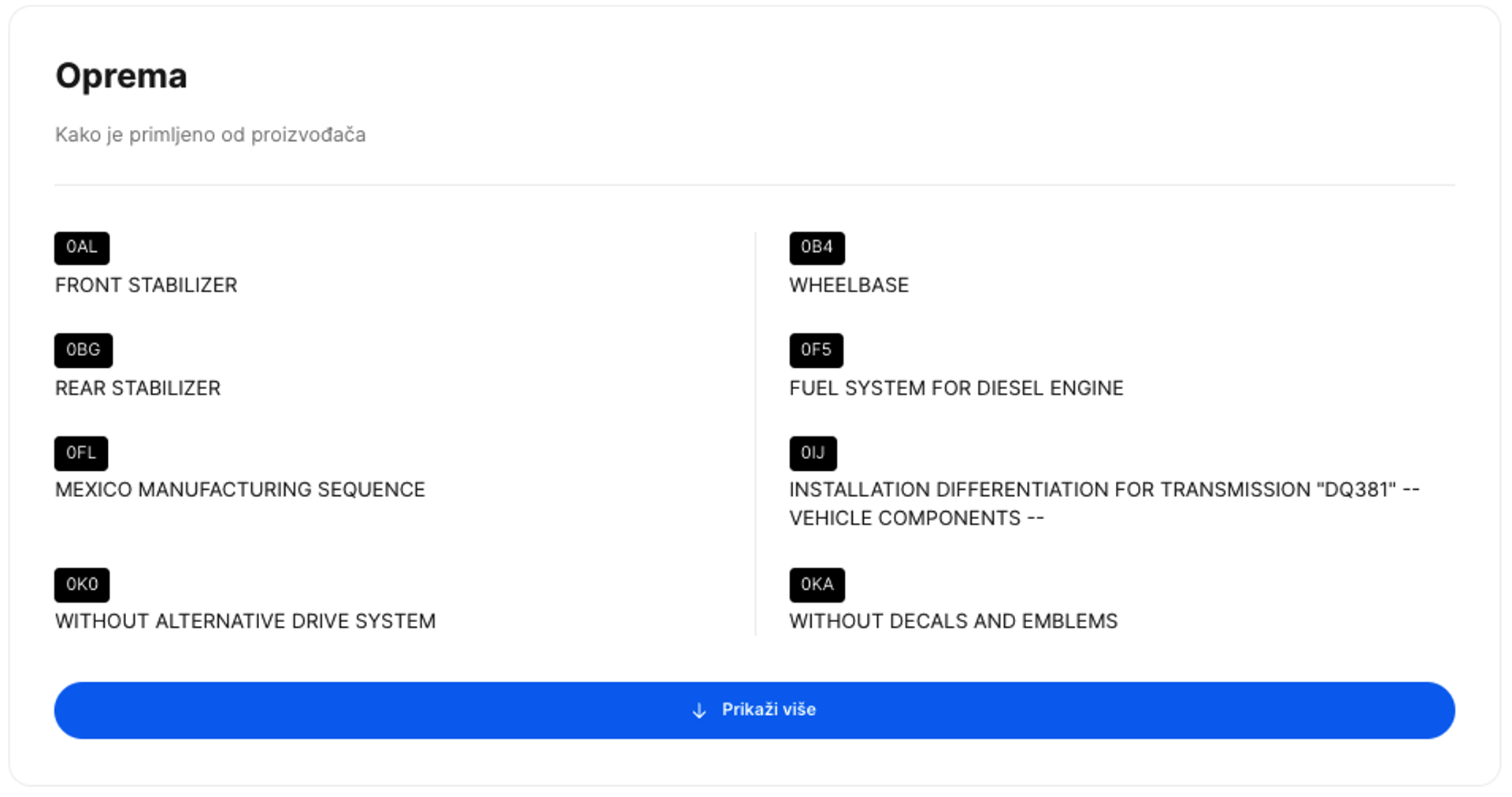 Oprema vozila prikazana u carVertical izvješću