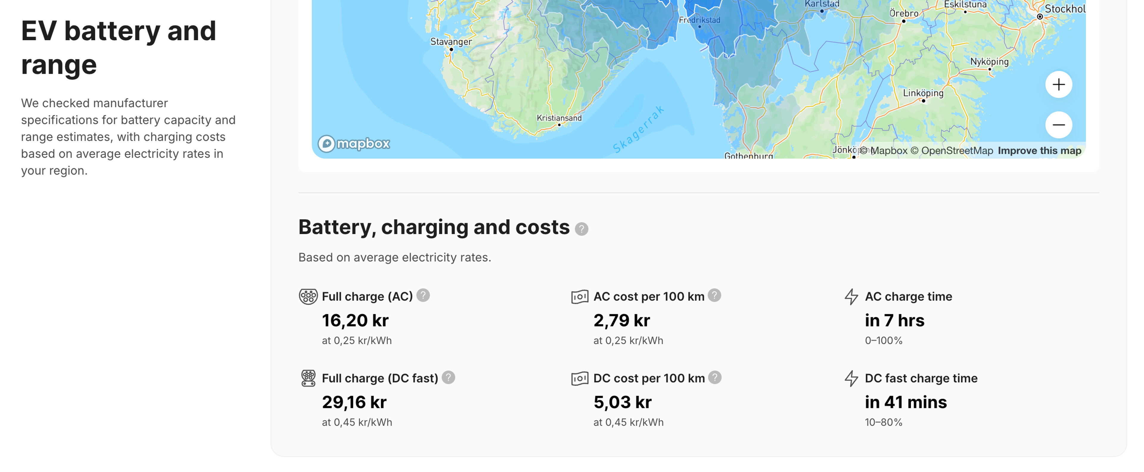 EV charging time and cost estimates in the vehicle report