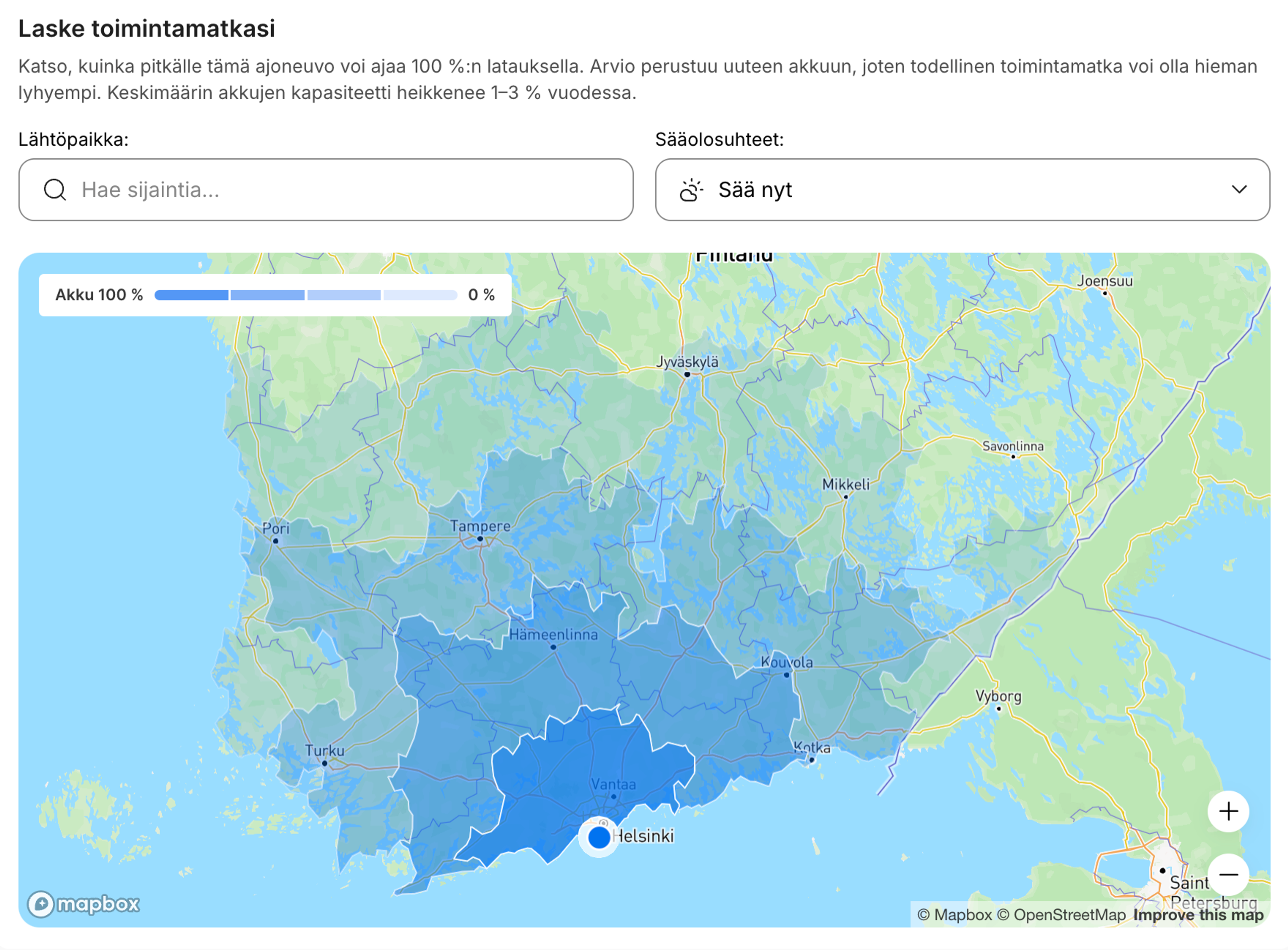 Interaktiivinen sähköauton toimintamatkakartta, joka näyttää arvioidun ajomatkan