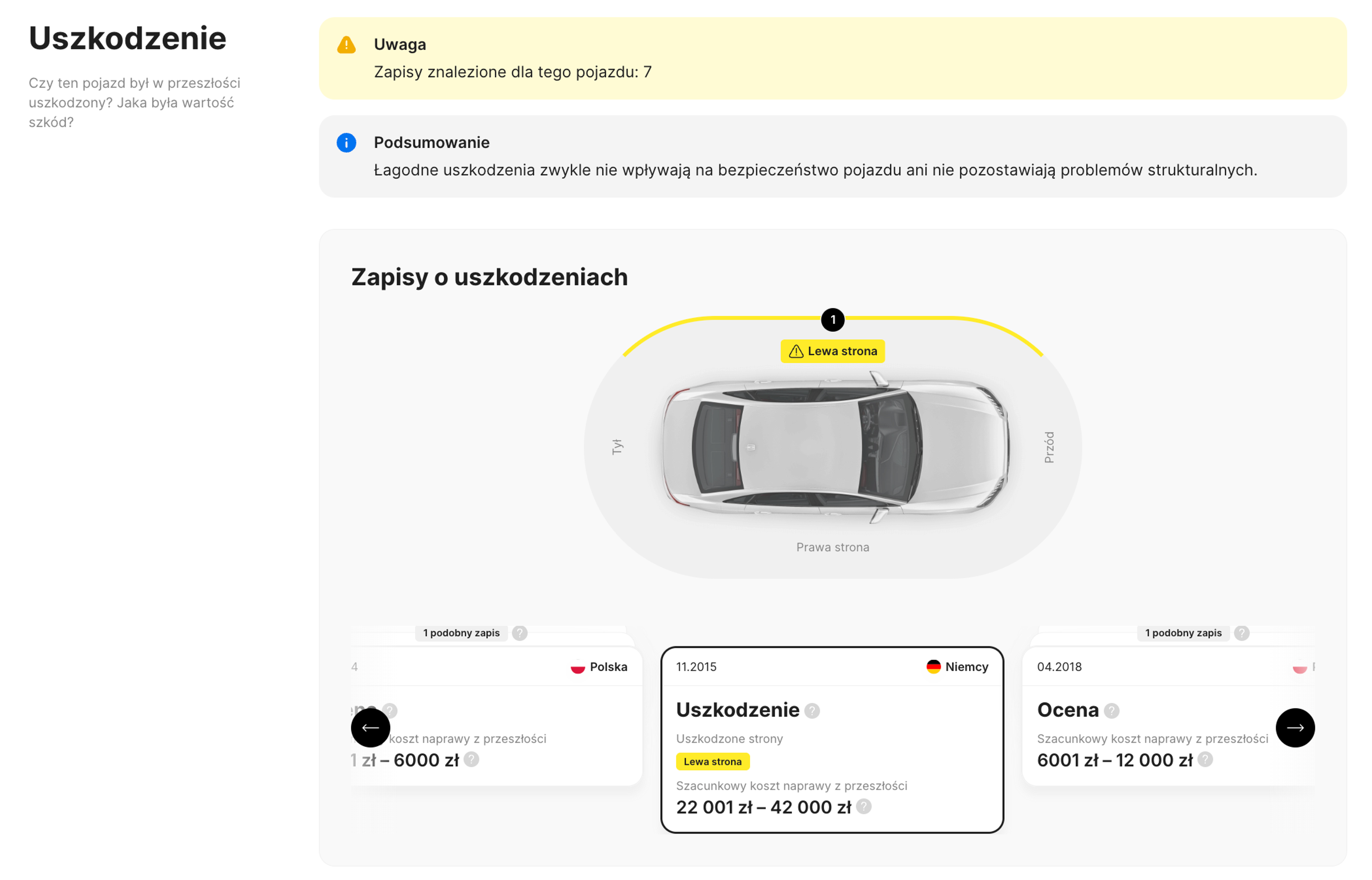 Historia uszkodzeń pojazdu w raporcie carVertical