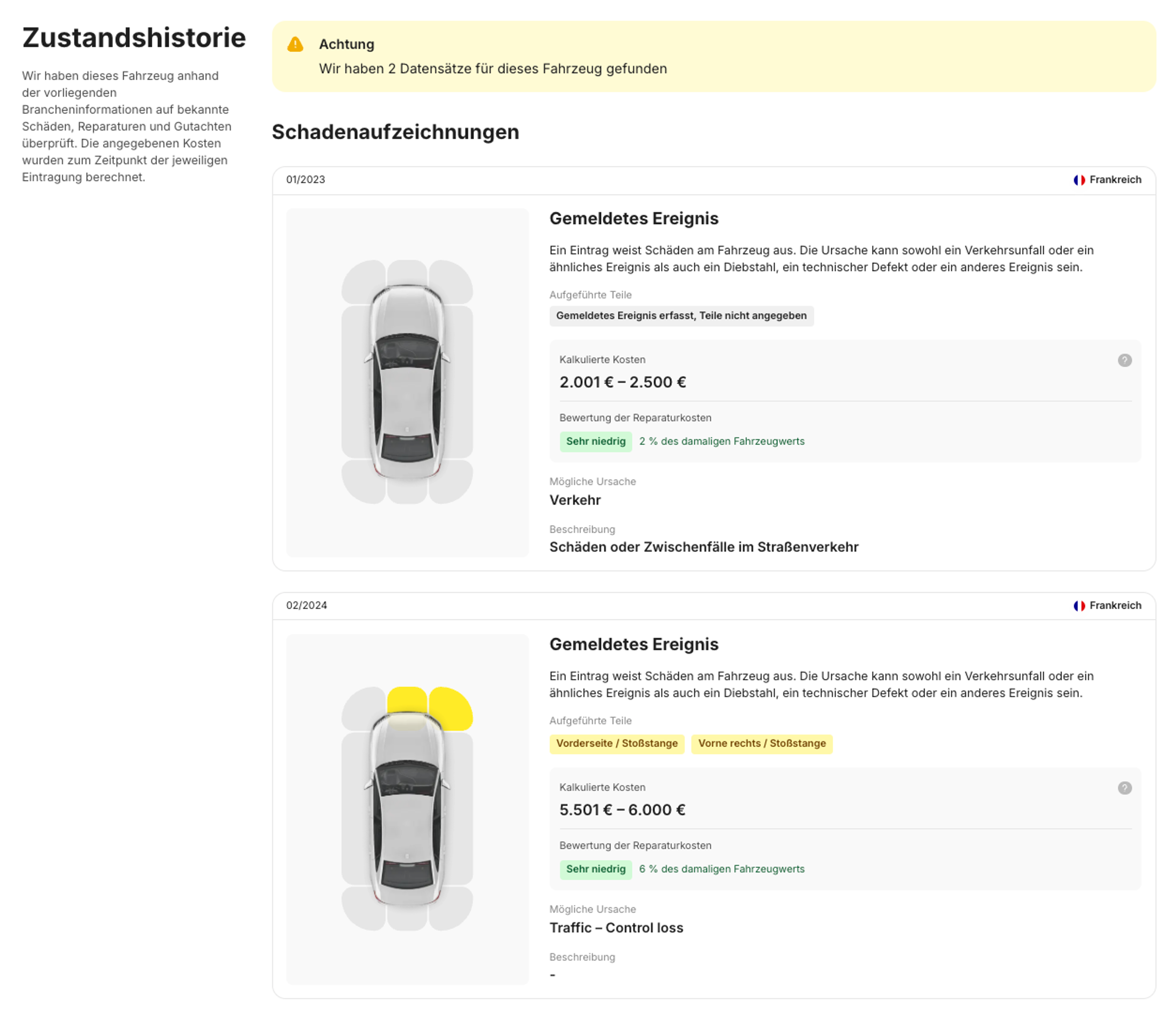Schadensabschnitt im CarVertical-Bericht