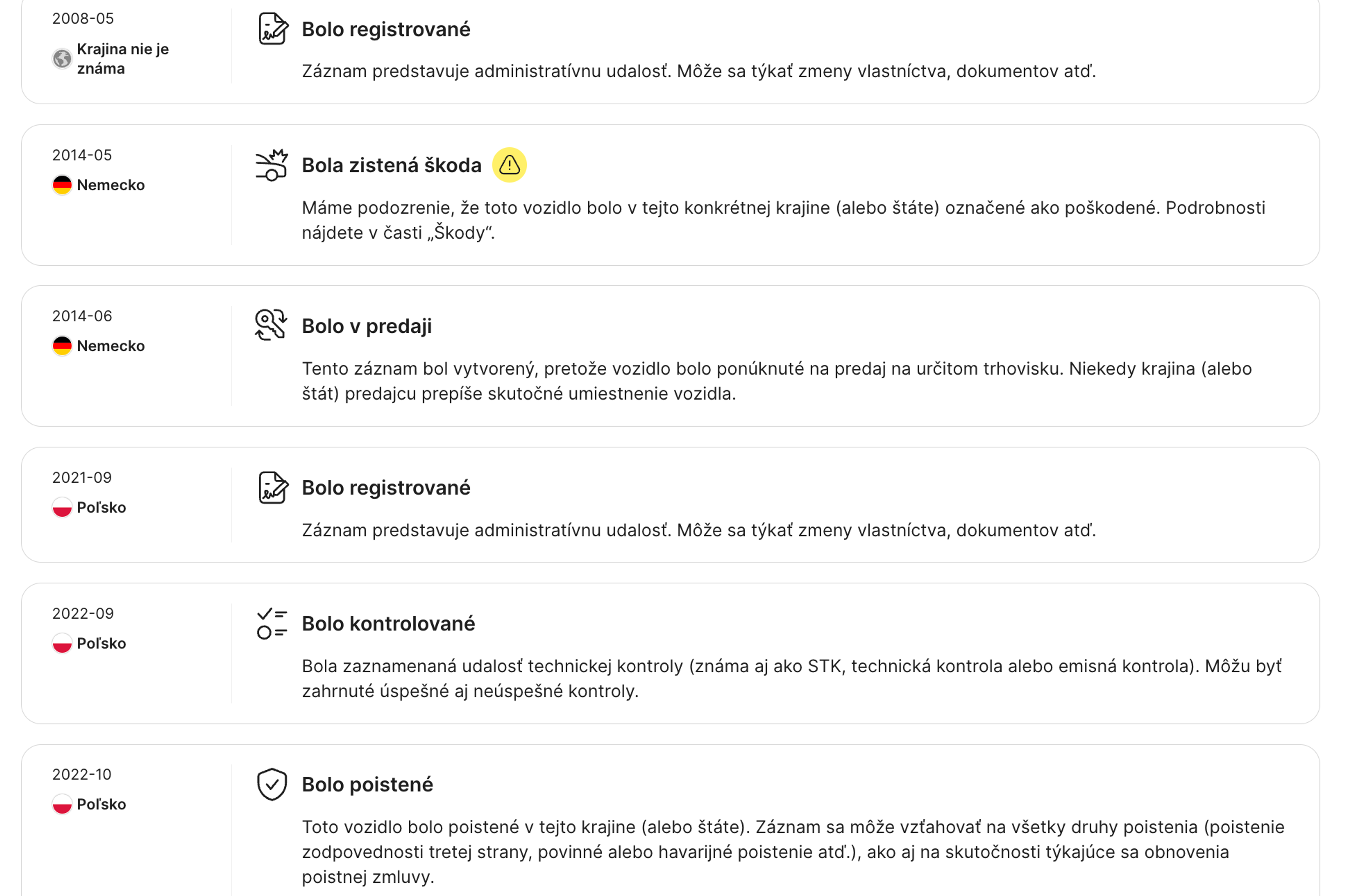 záznamy nájdené v sekcii časovej osi správy carVertical