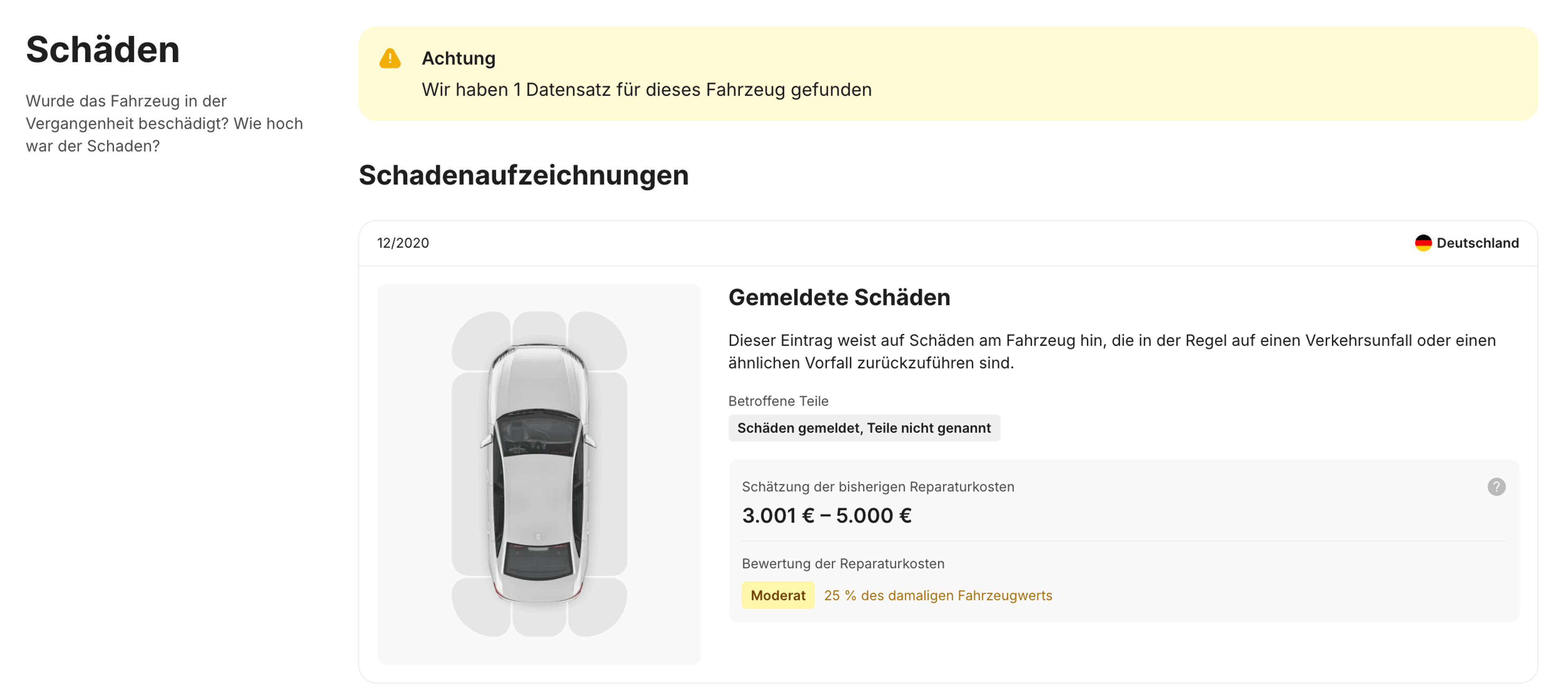Abschnitt Schäden im carVertical-Bericht