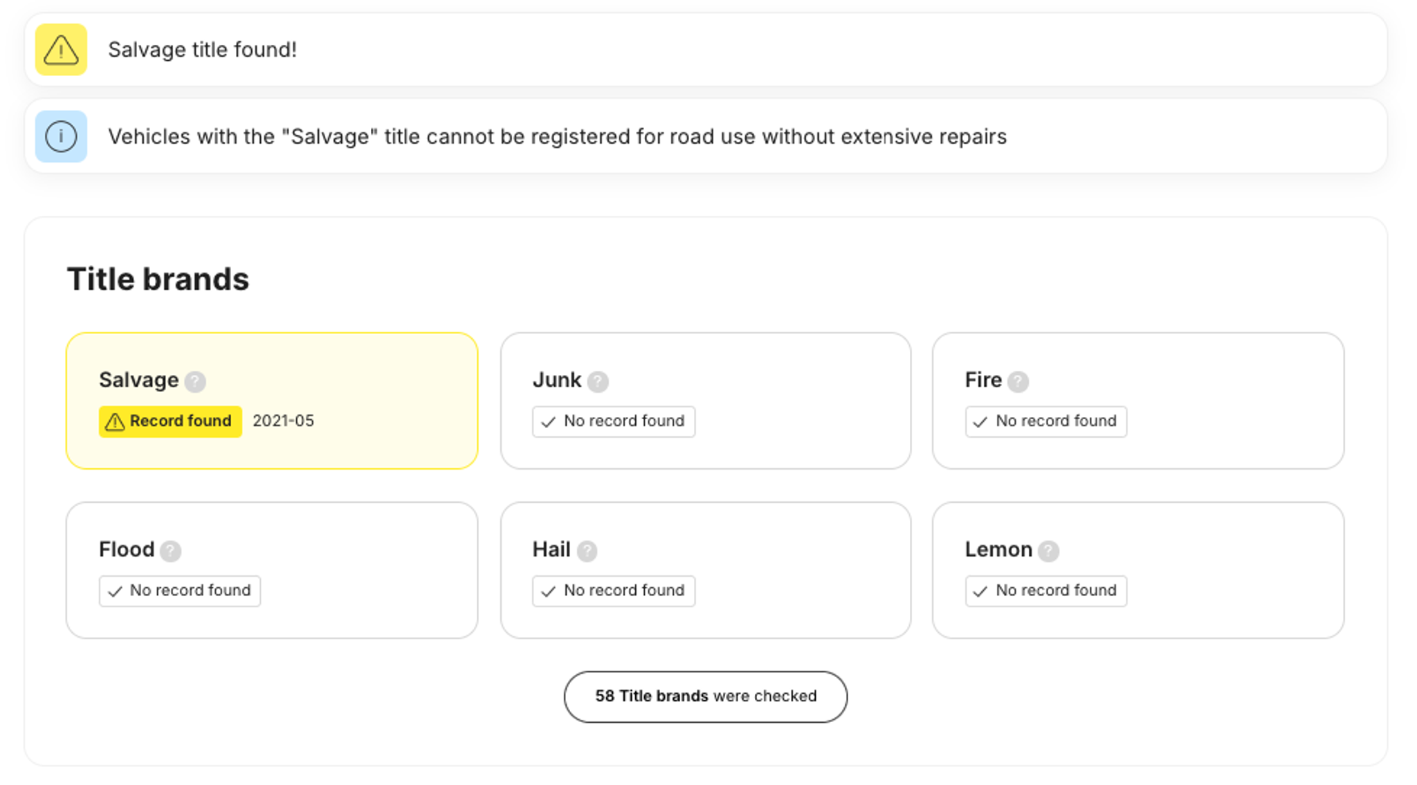 Salvage title record in a vehicle history report