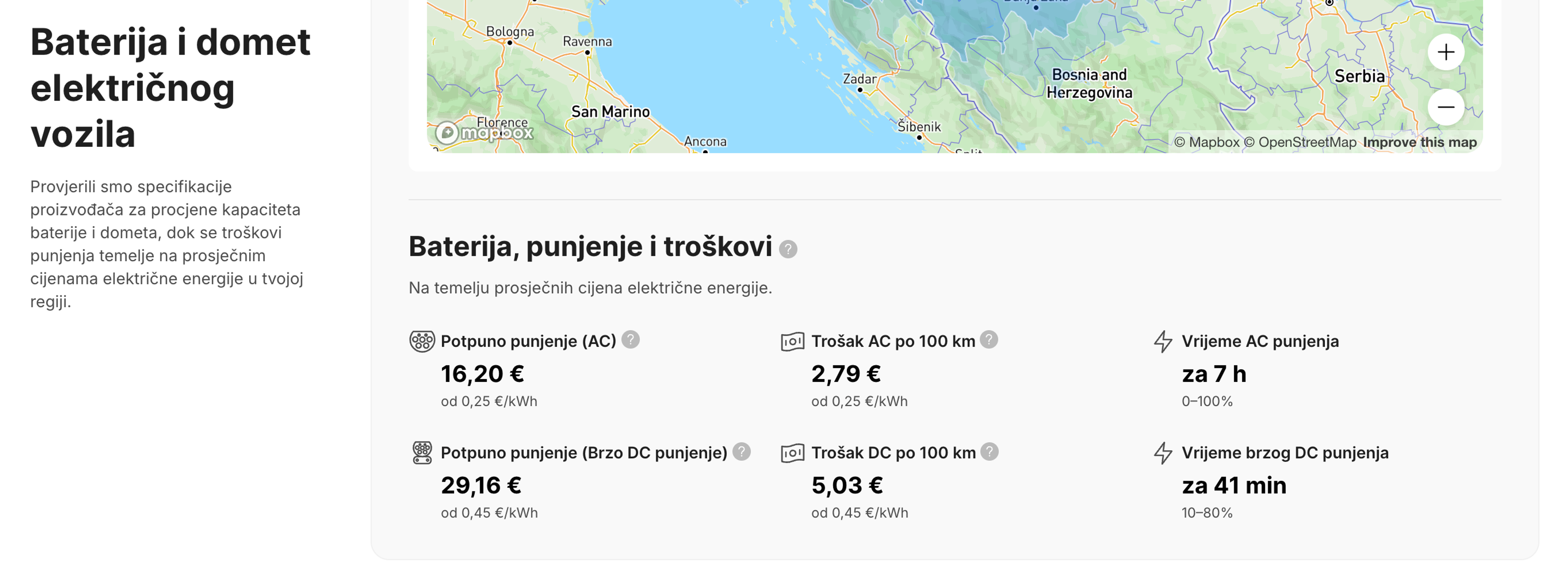 Procjene vremena i troškova punjenja električnog vozila u izvješću