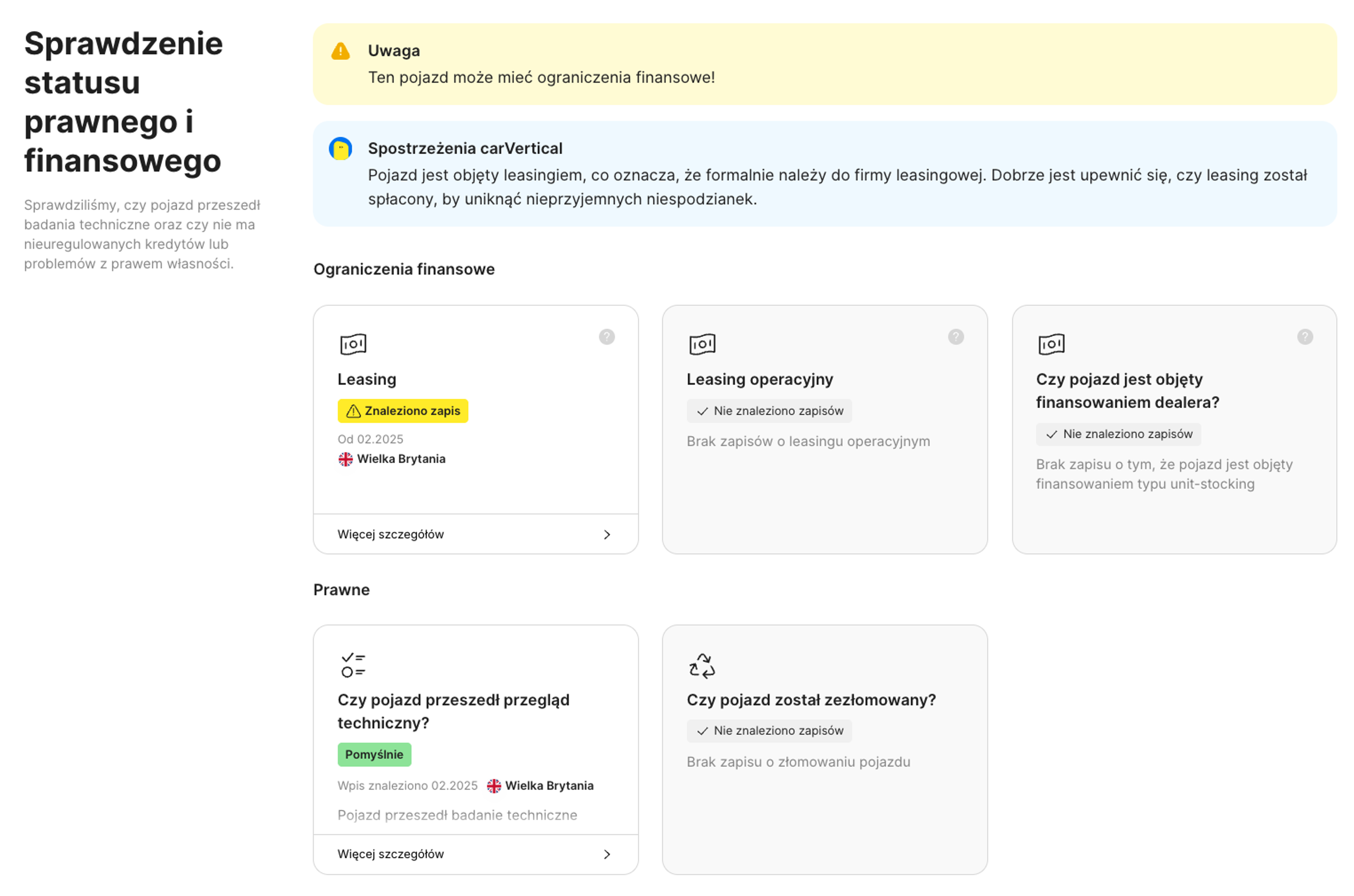 status finansowy i prawny w raporcie carVertical