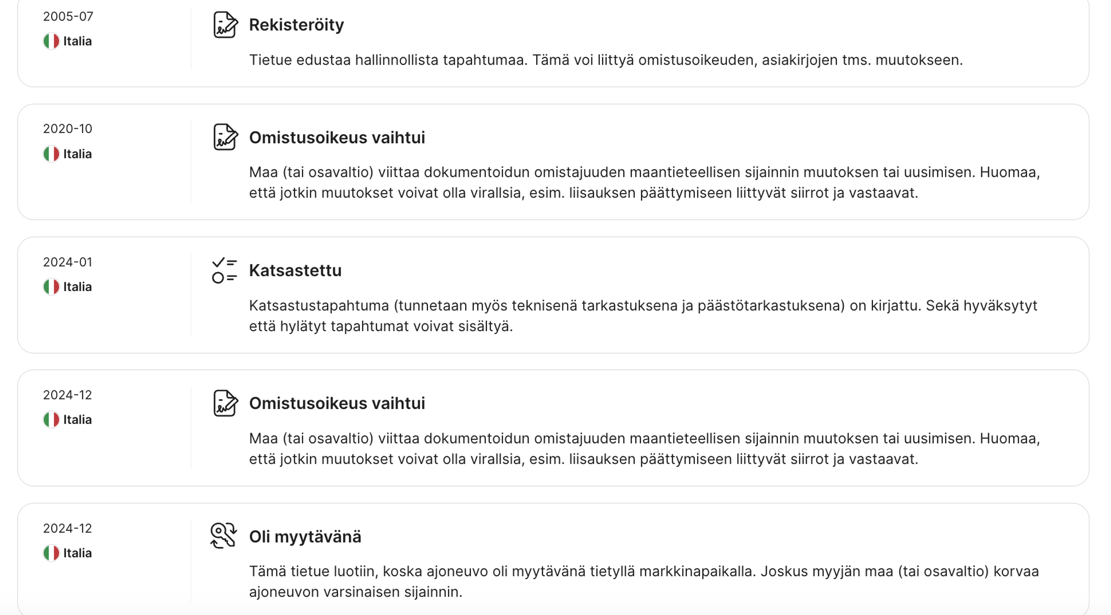Kronologisesti luetellut tapahtumat ajoneuvon historiasta