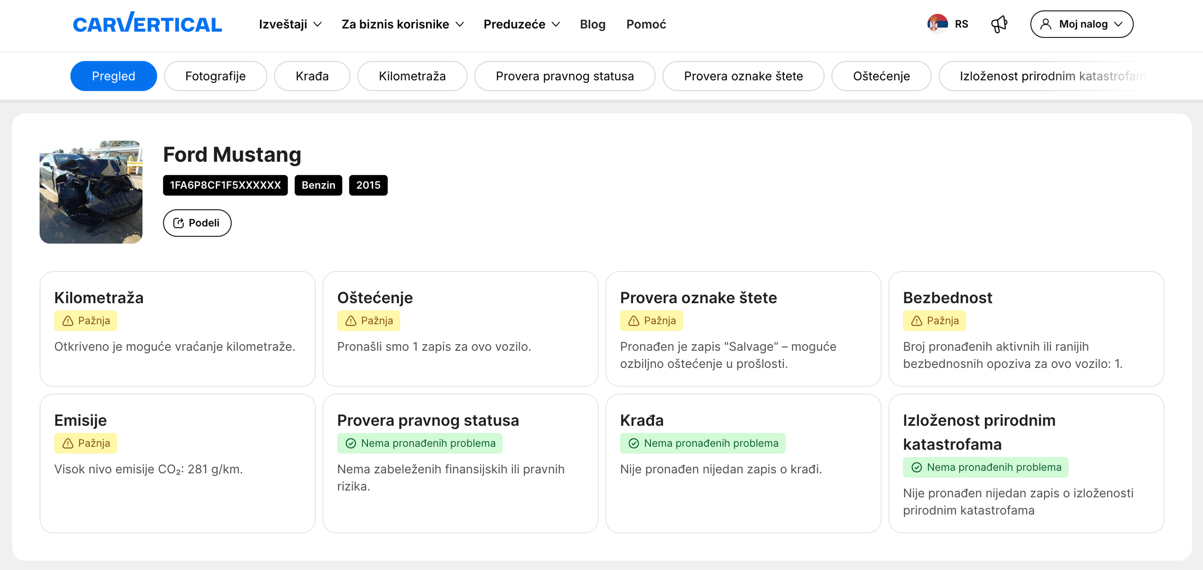 Izveštaj o istoriji vozila za Ford Mustang