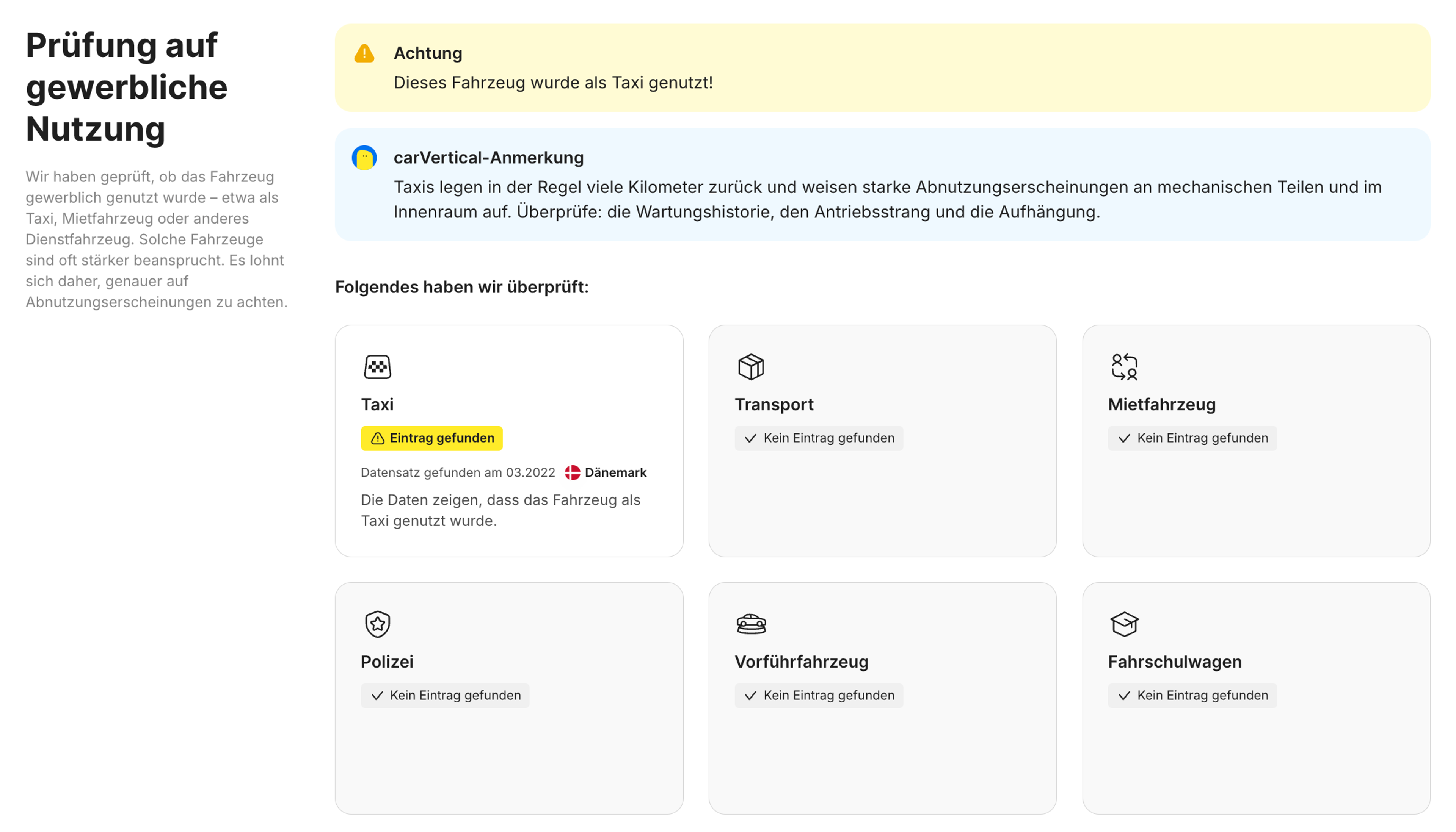 Aufbau des Abschnitts „Prüfung auf gewerbliche Nutzung“ in einem carVertical-Bericht