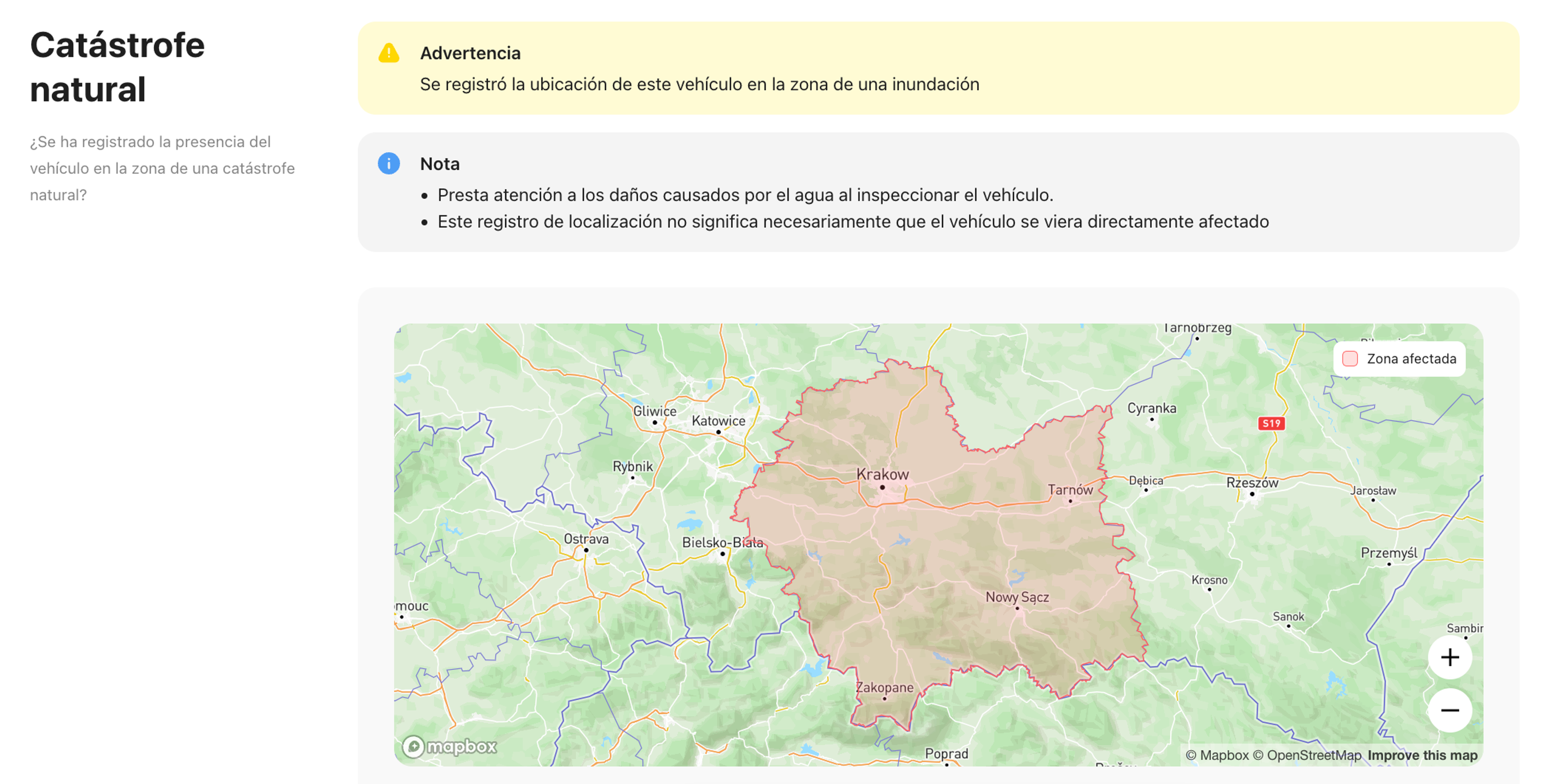 Registro de inundaciones encontrado en el informe del historial del vehículo vertical del automóvil