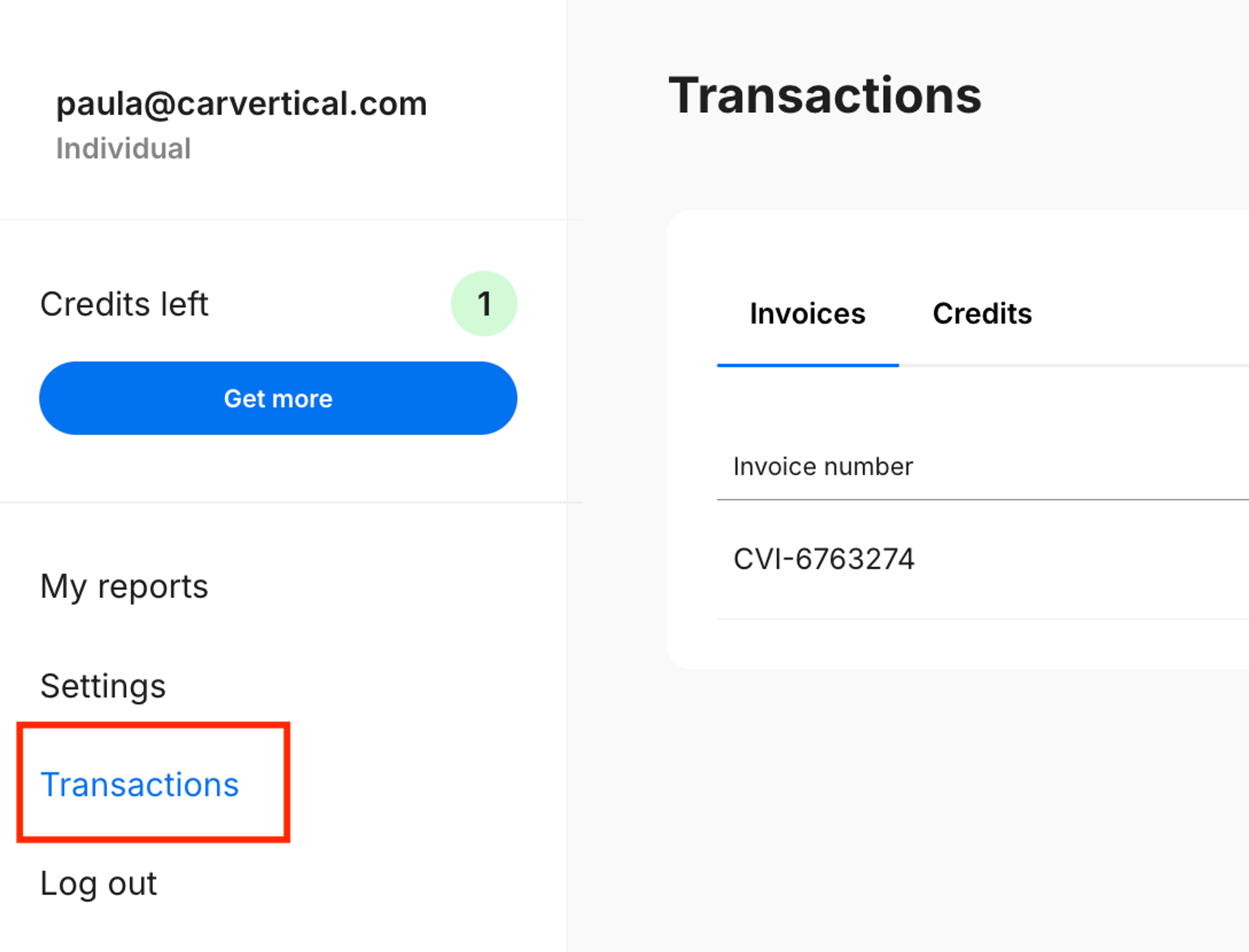 transactions section in carVertical account