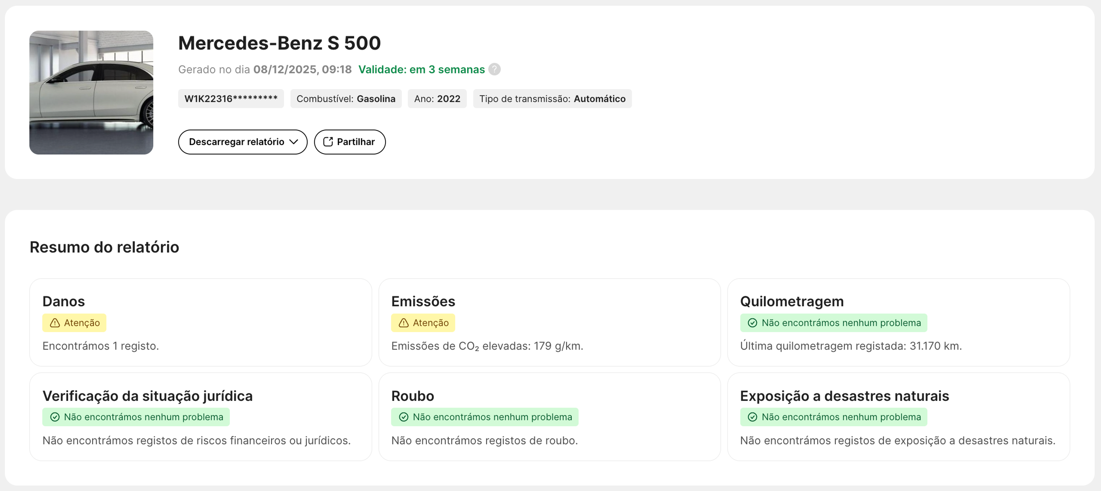 Secção de Resumo do relatório