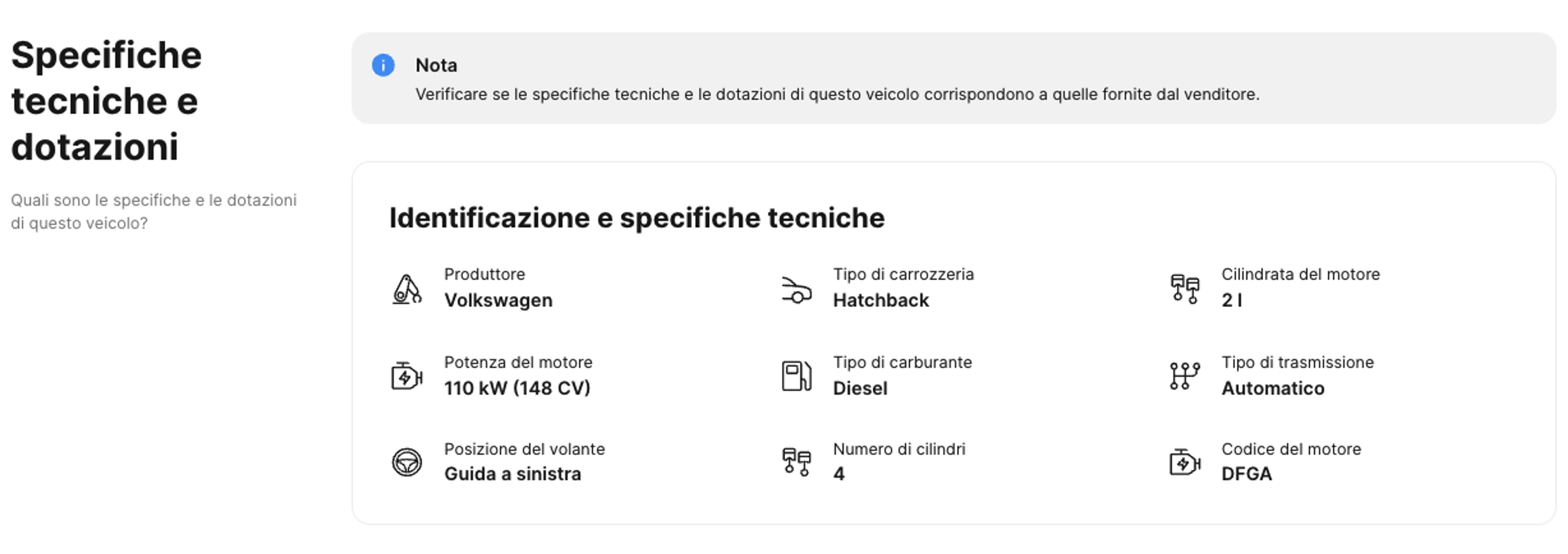Specifiche tecniche e dotazioni nel report storico di carVertical