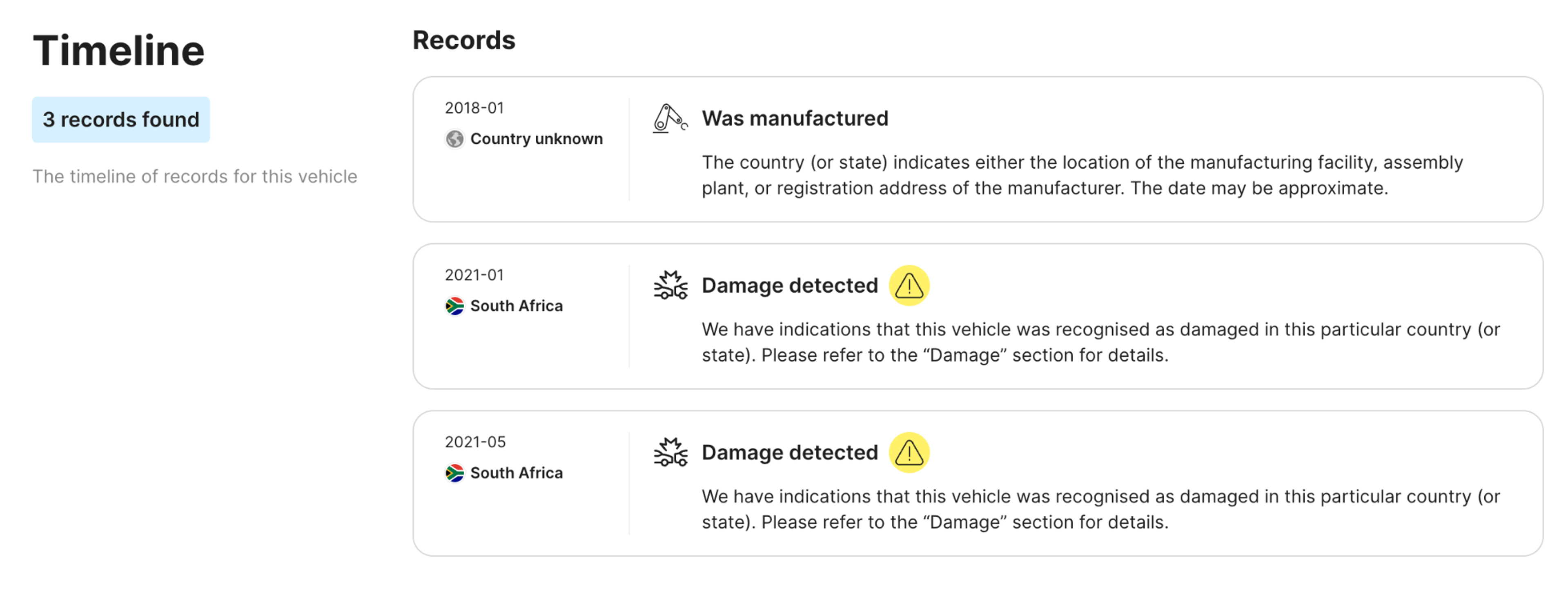 records found in a timeline section of carVertical report