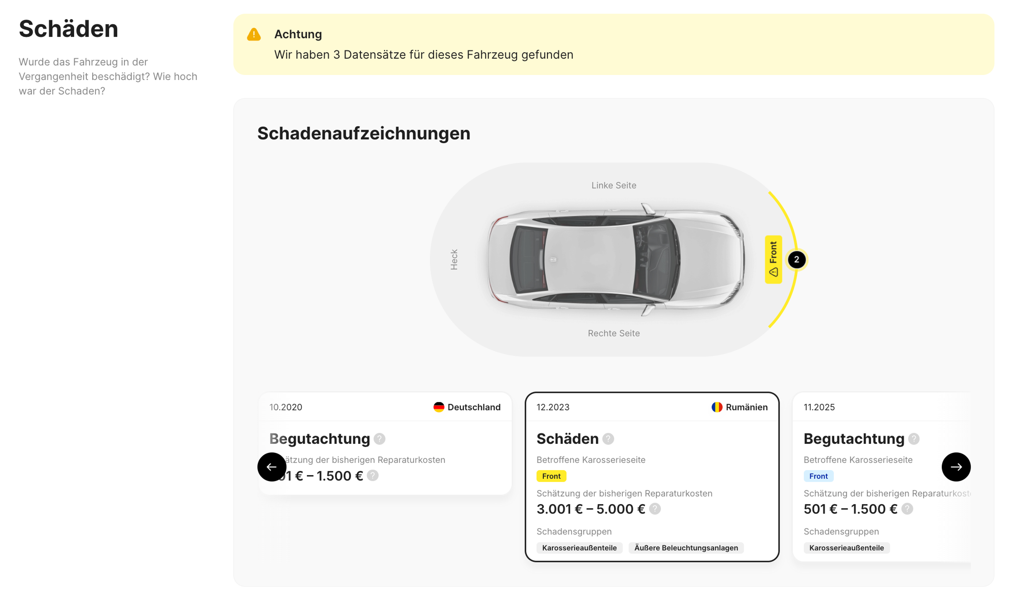 Fahrzeugschäden im carVertical-Bericht