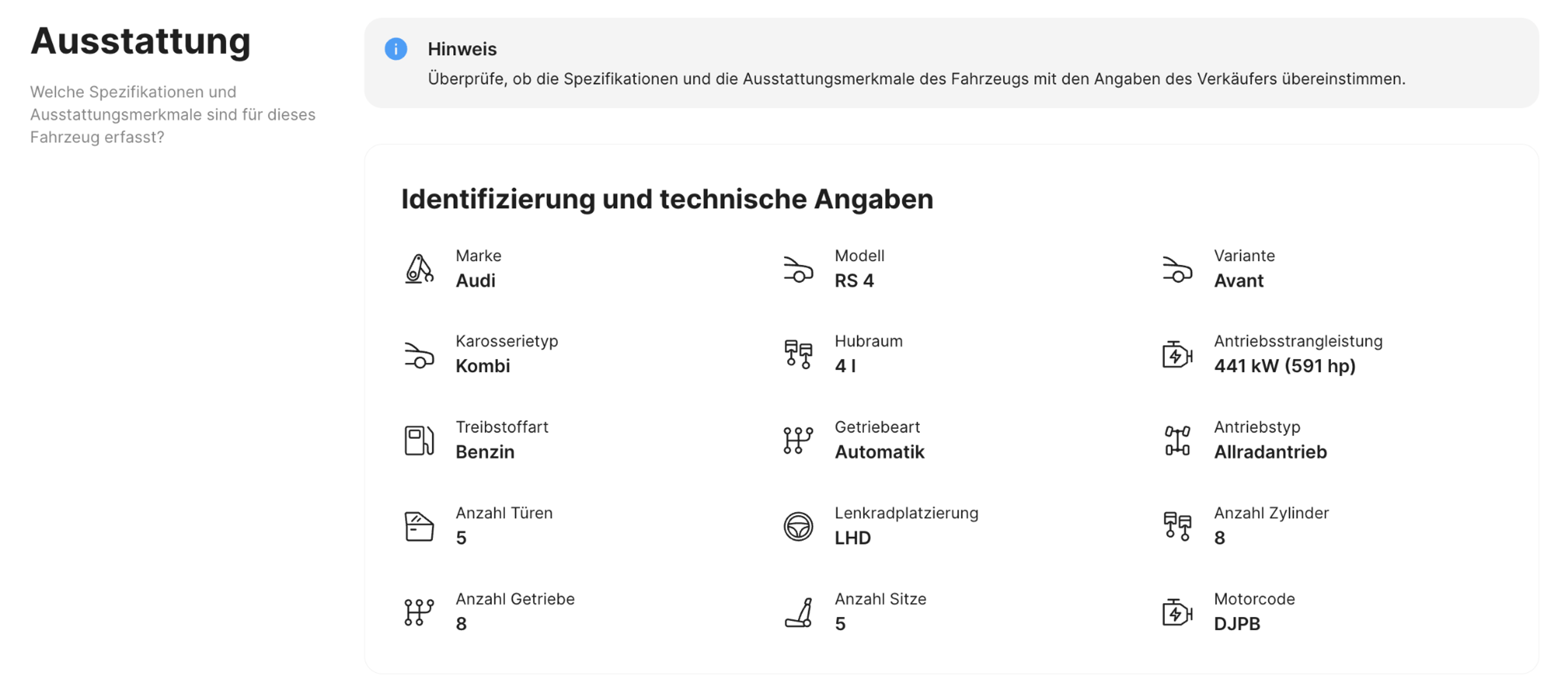 Abschnitt „Spezifikationen und Ausstattung“ im carVertical-Bericht