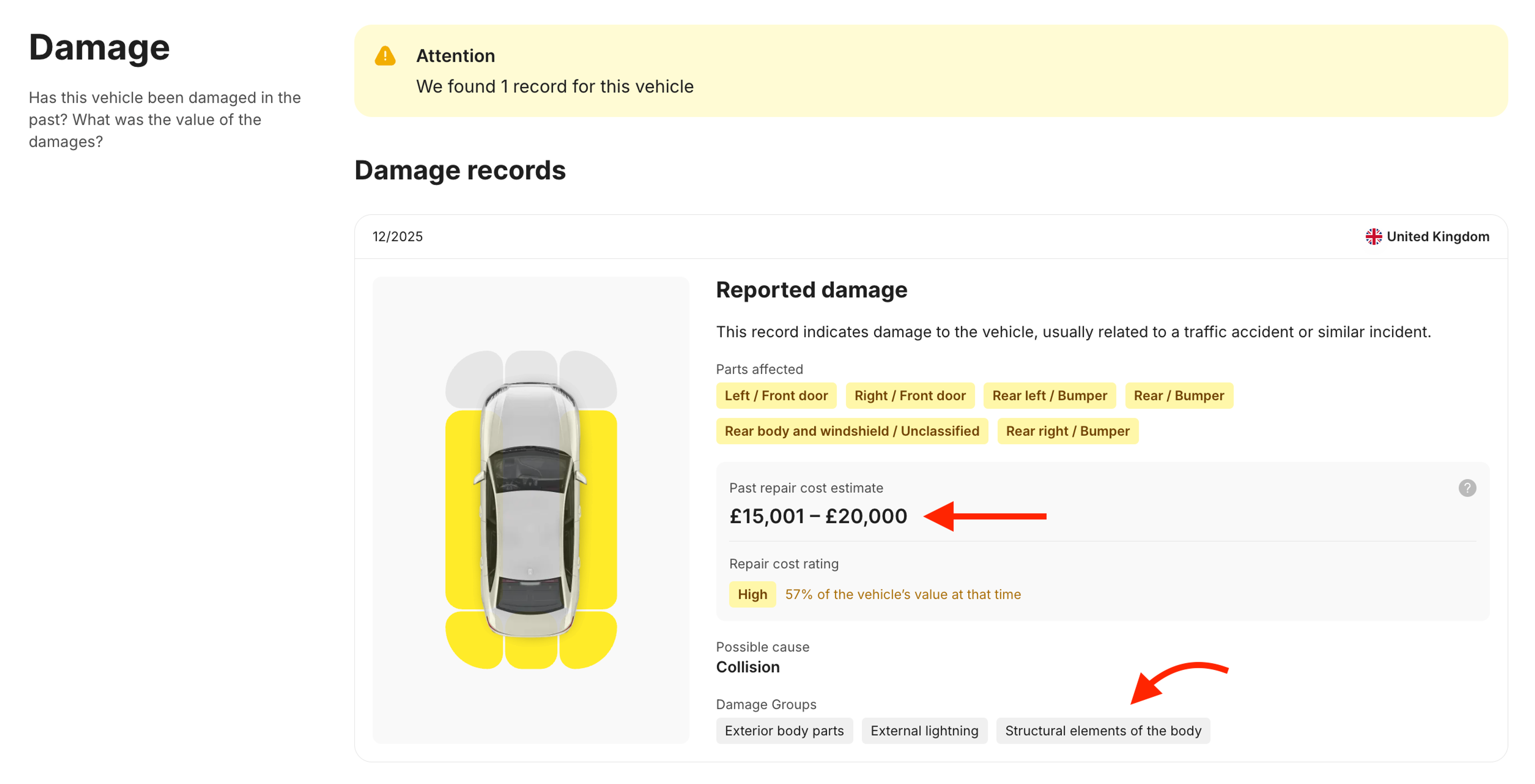 carVertical history report revealing a damage record