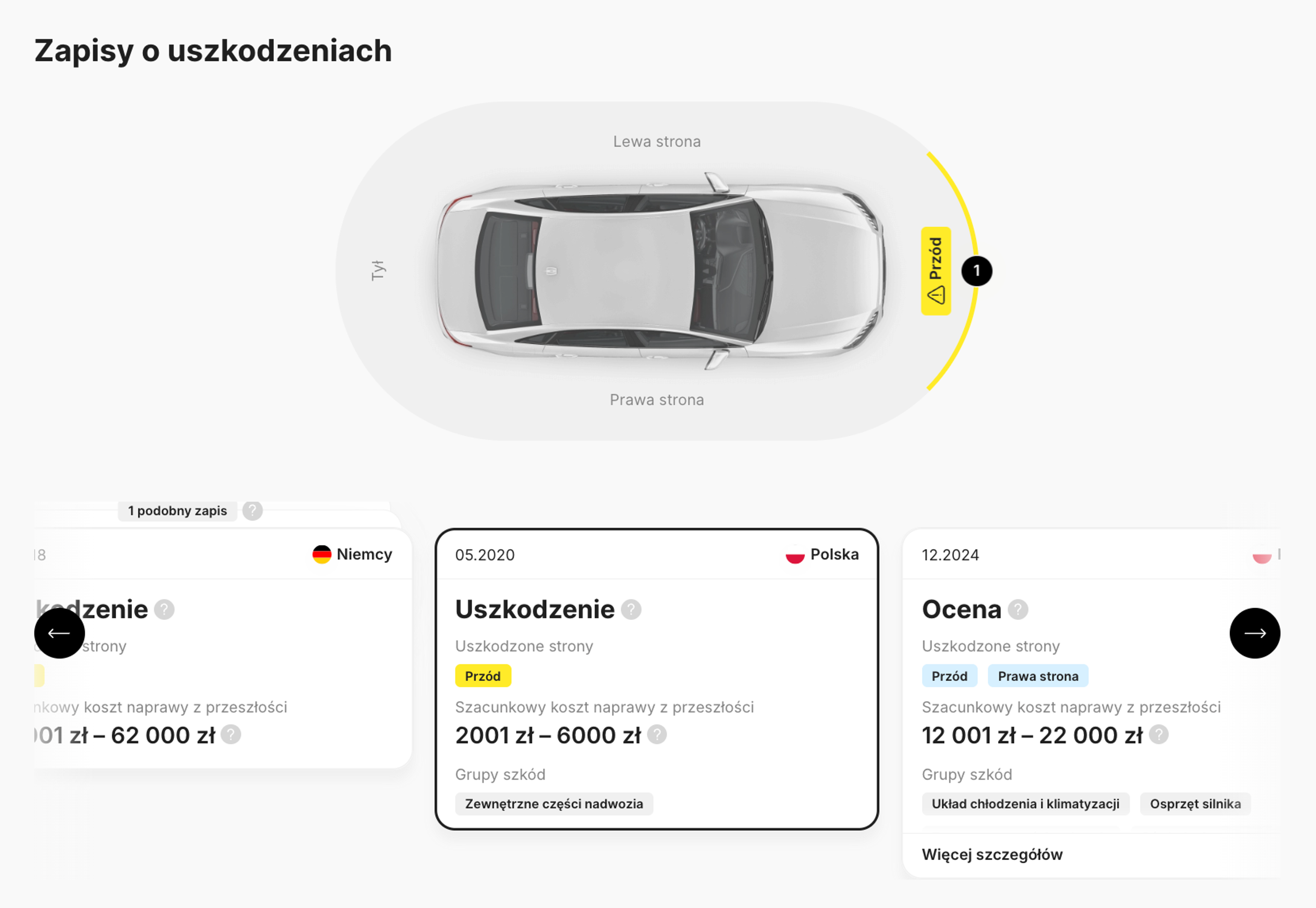 Zapisy o uszkodzeniach w raporcie carVertical