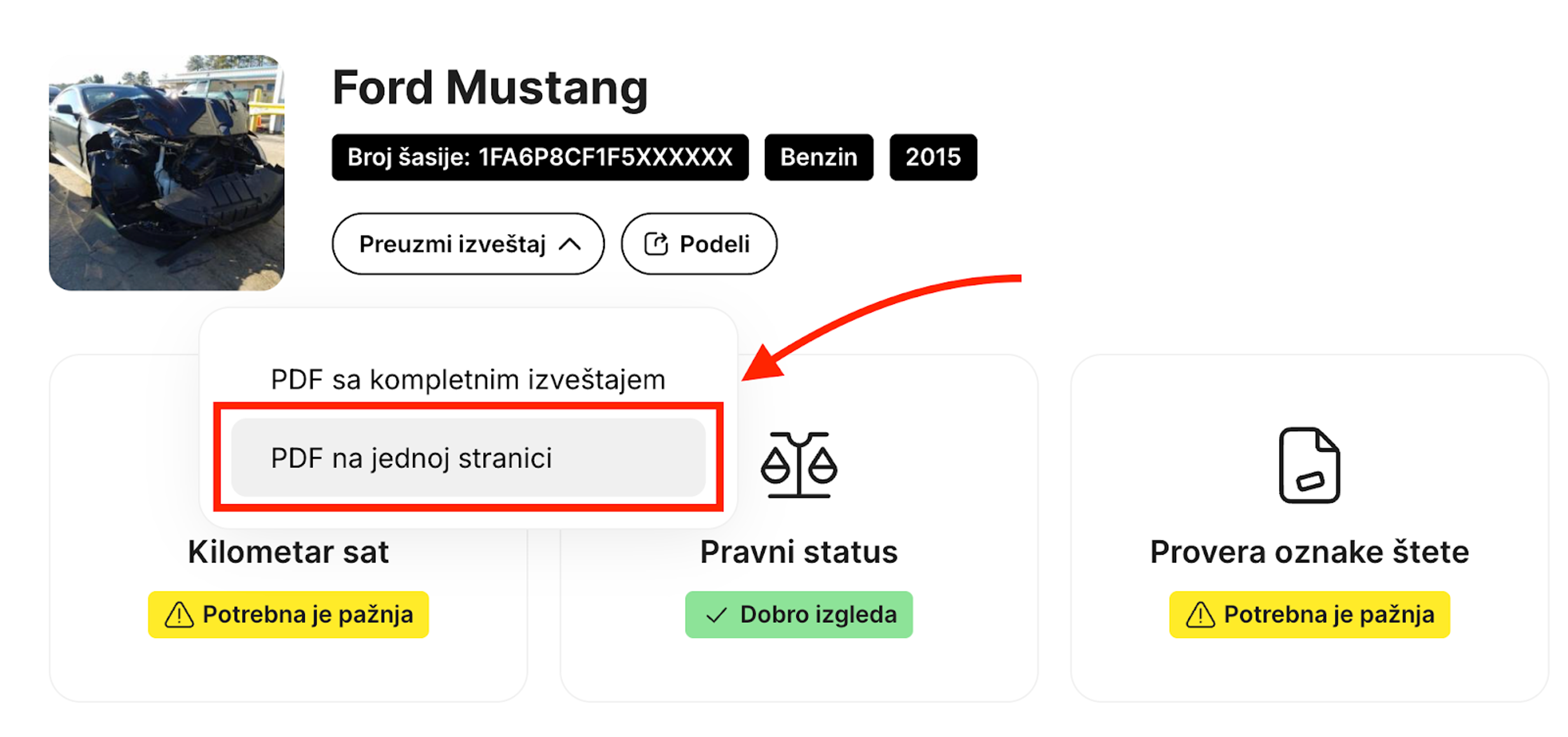 Kako se preuzima kratak pregled carVertical izveštaja u PDF formatu