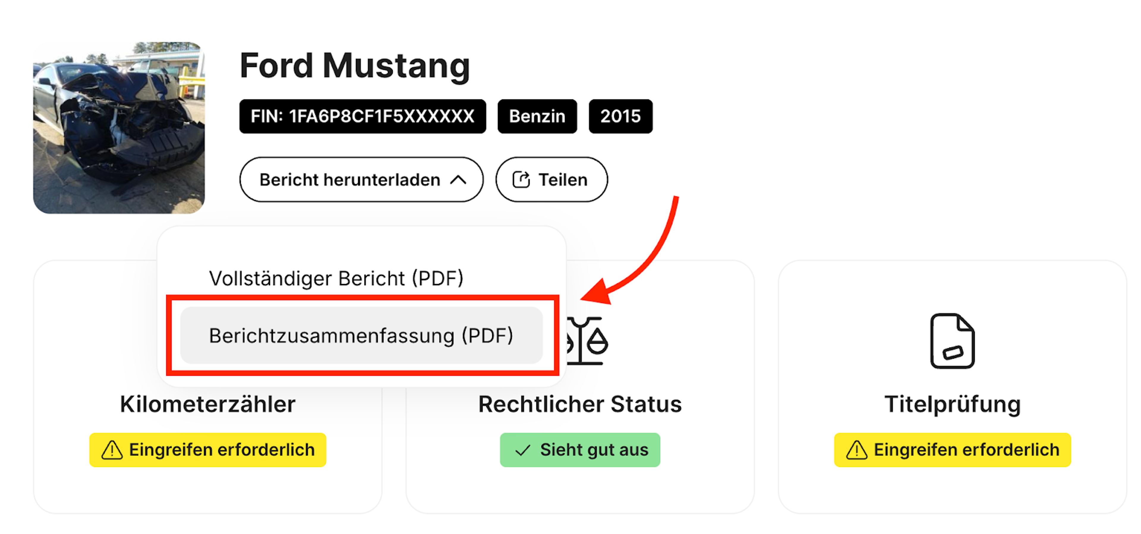 So kannst du die PDF-Datei mit der Zusammenfassung des carVertical-Berichts herunterladen