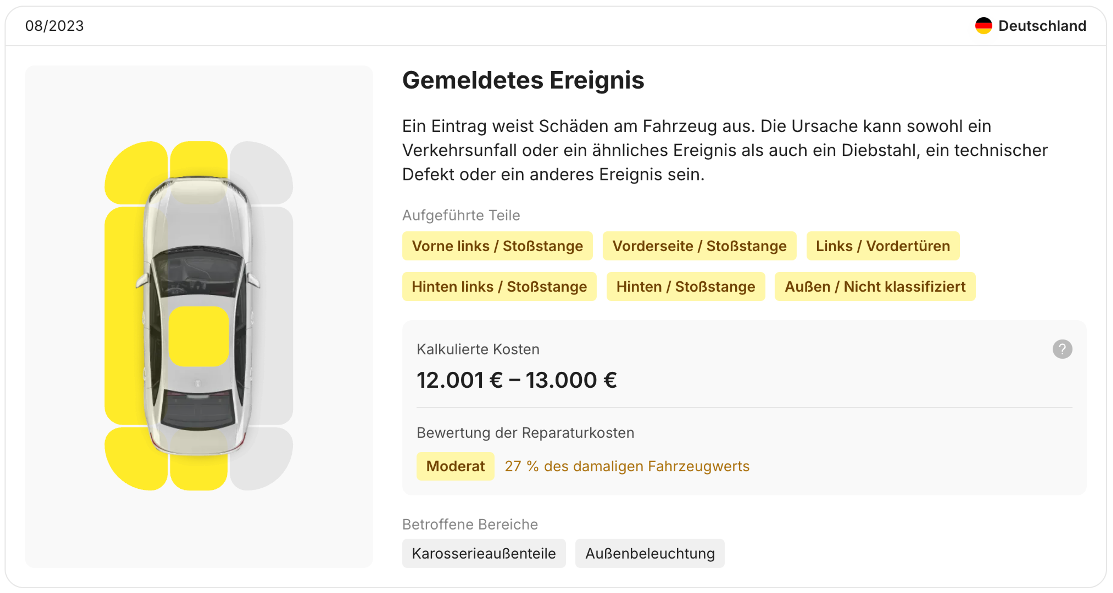 Schadensprotokoll in einem Fahrzeughistorienbericht