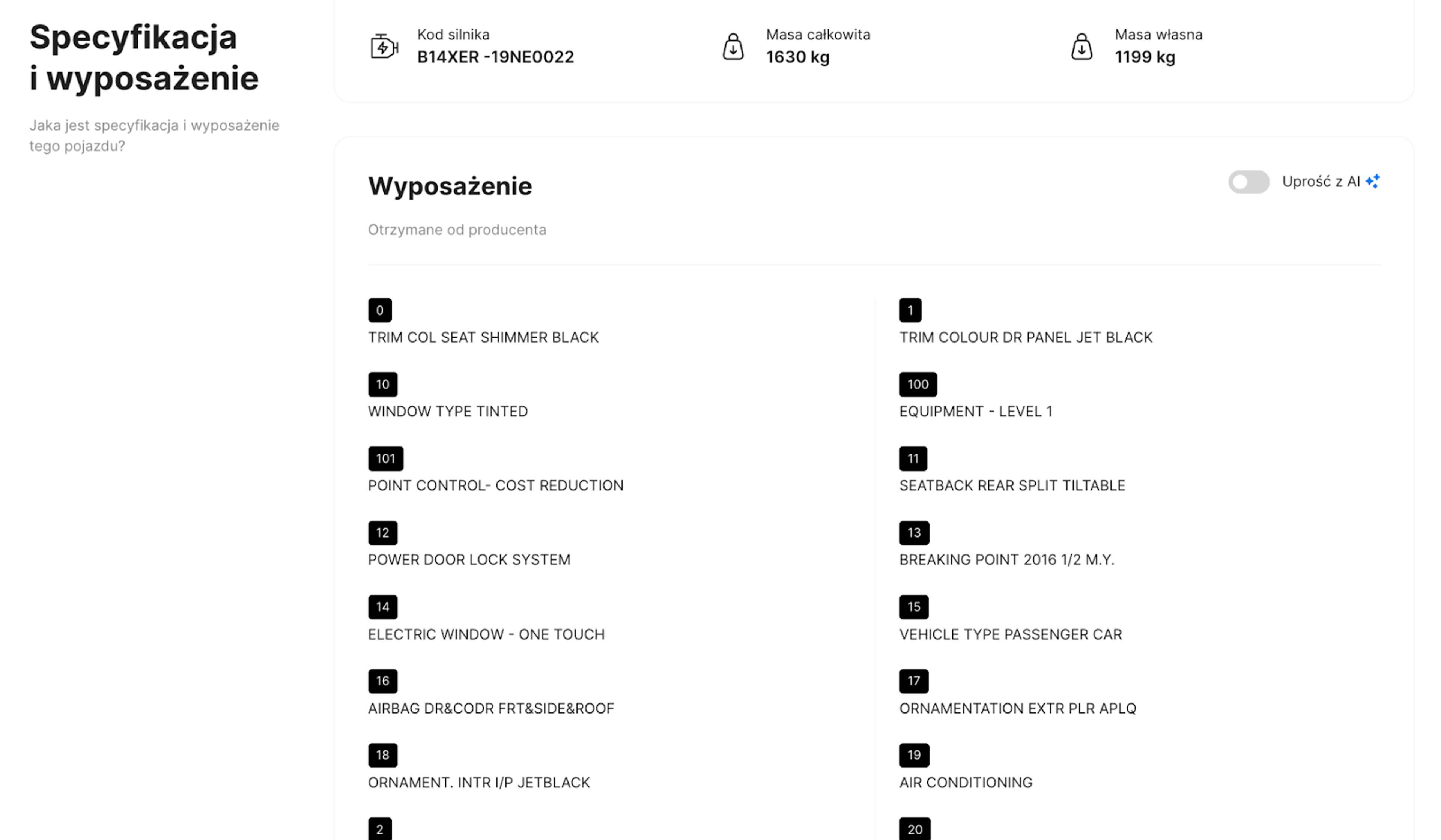 Wyposażenie pojazdu wyświetlone w raporcie carVertical