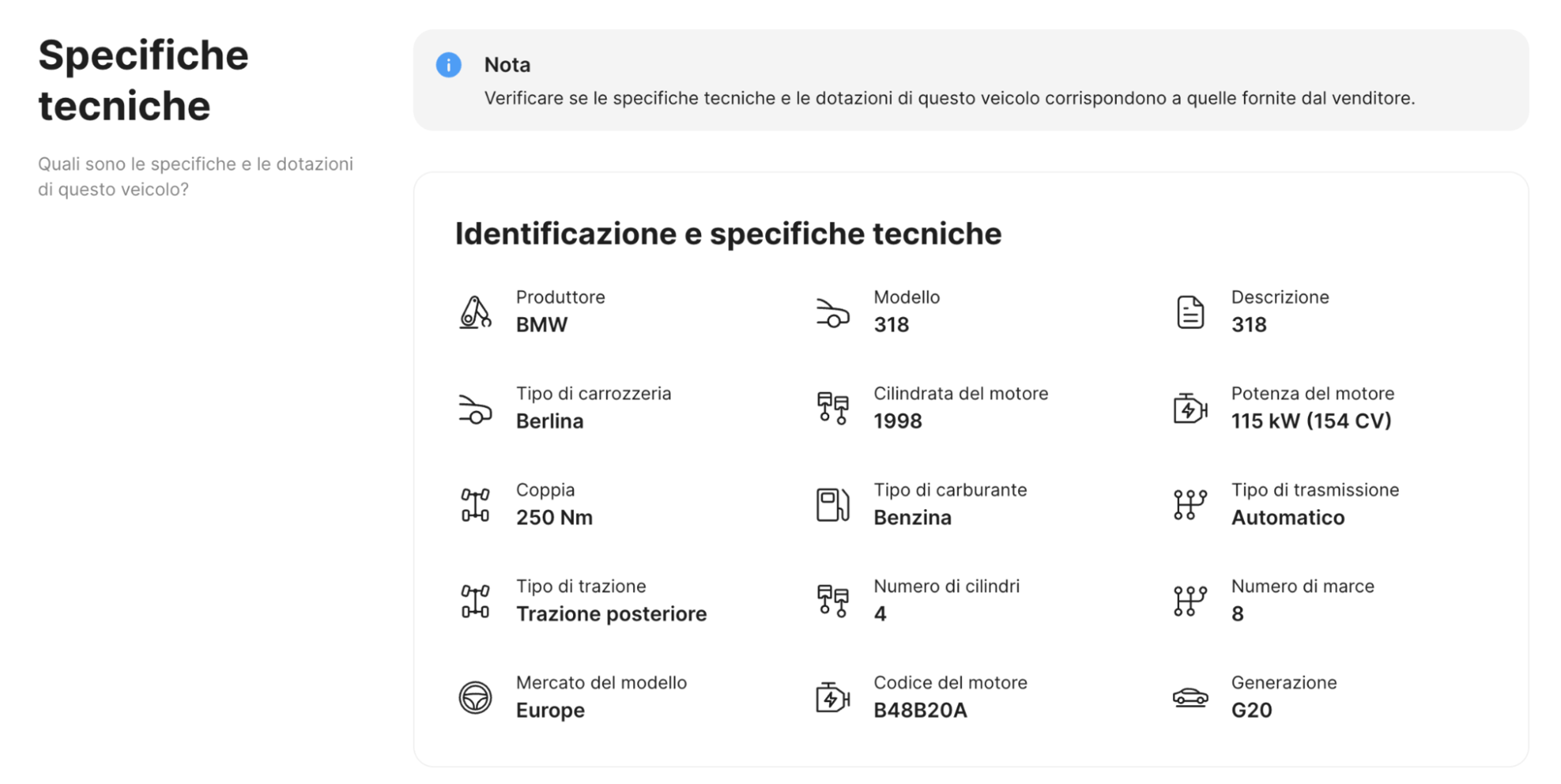 Specifiche originali dell’auto decodificate