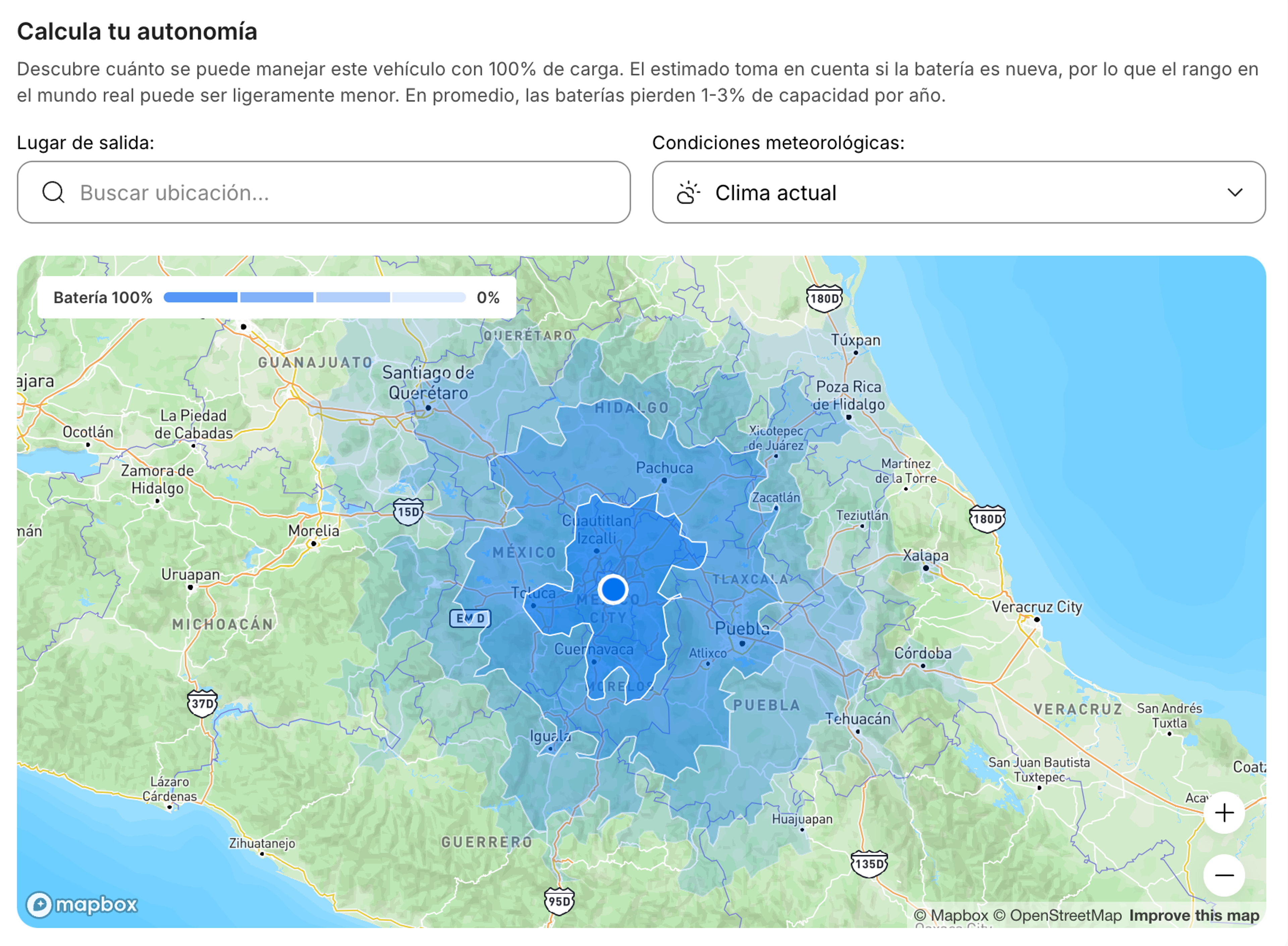 Mapa interactivo de autonomía de vehículos eléctricos que muestra la distancia estimada de manejo.
