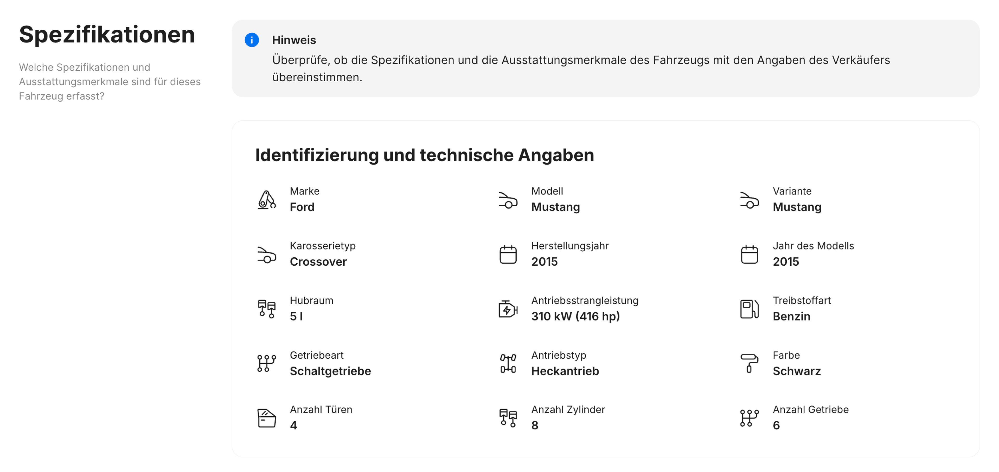 Original-Spezifikationen des Fahrzeugs im carVertical-Bericht