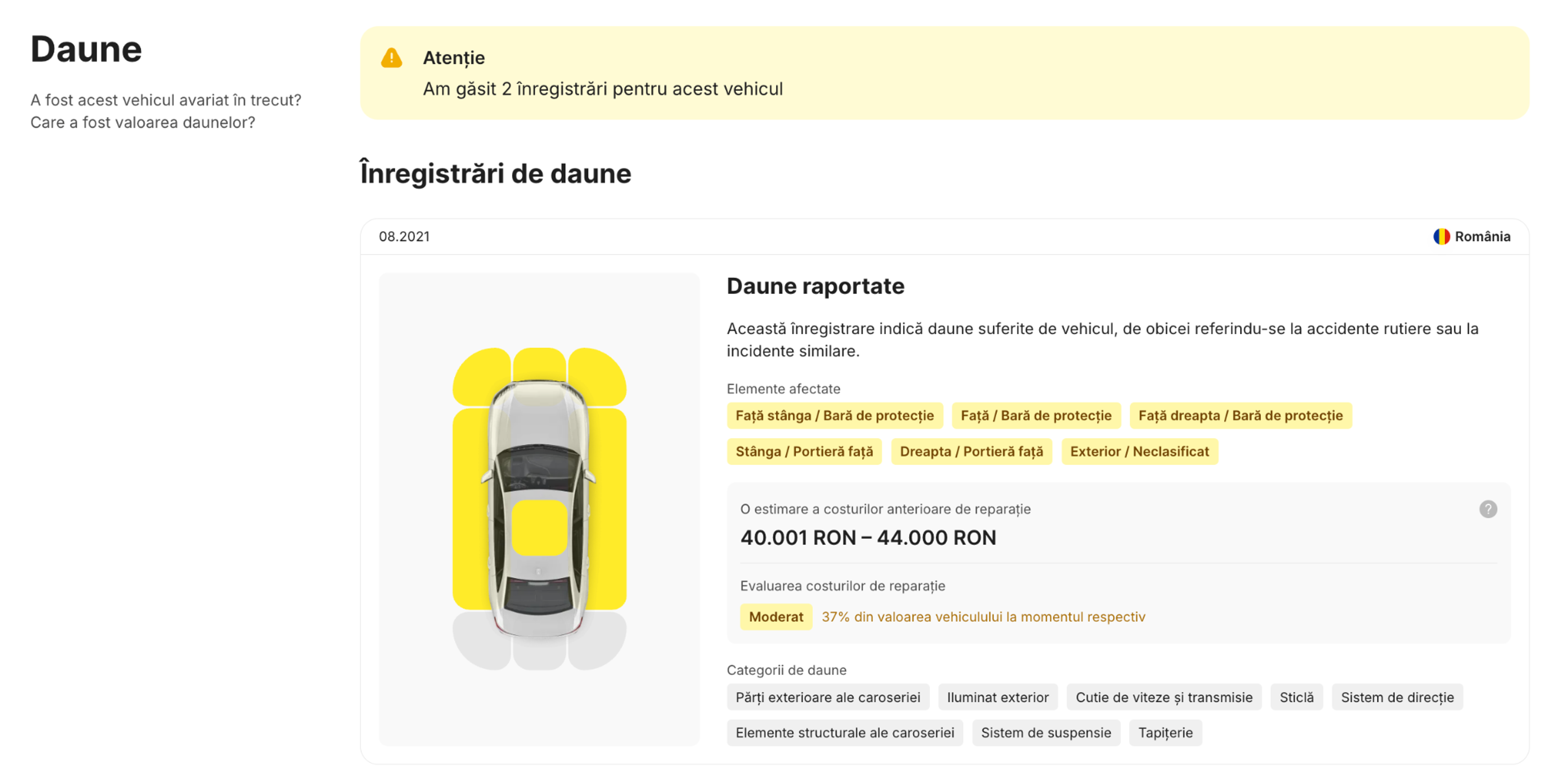 Daune înregistrare în istoricul unei mașini