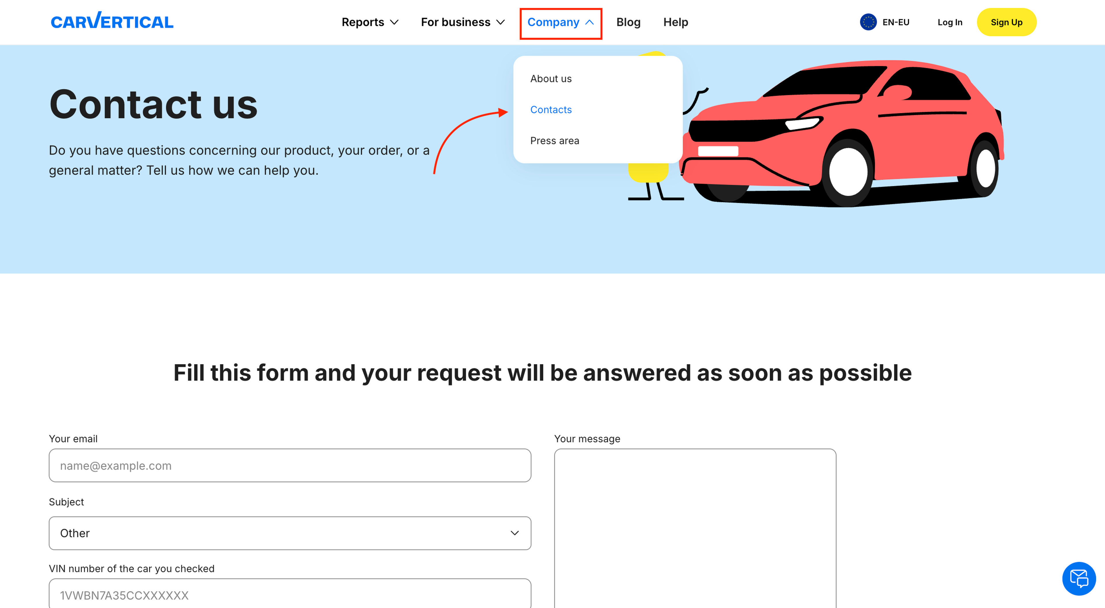 carVertical contact form