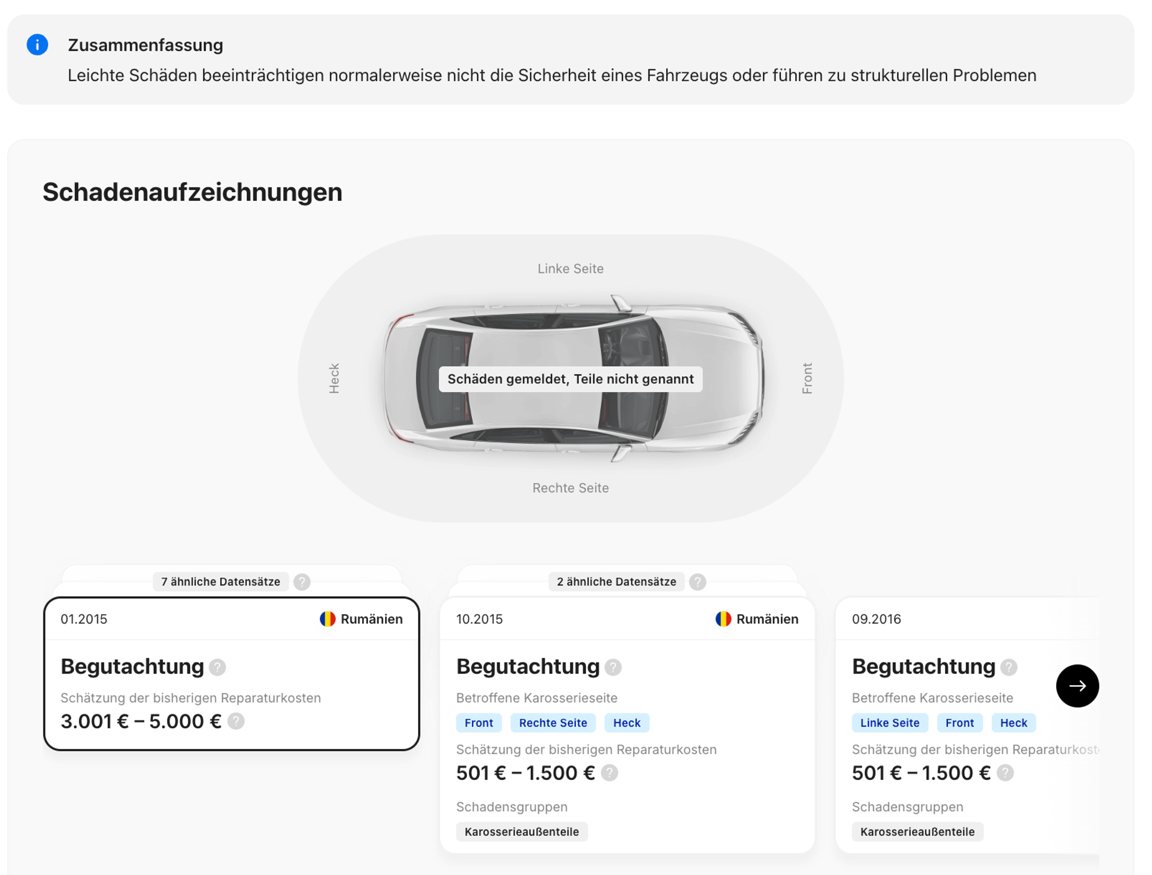 Abschnitt „Schäden“ im carVertical-Bericht