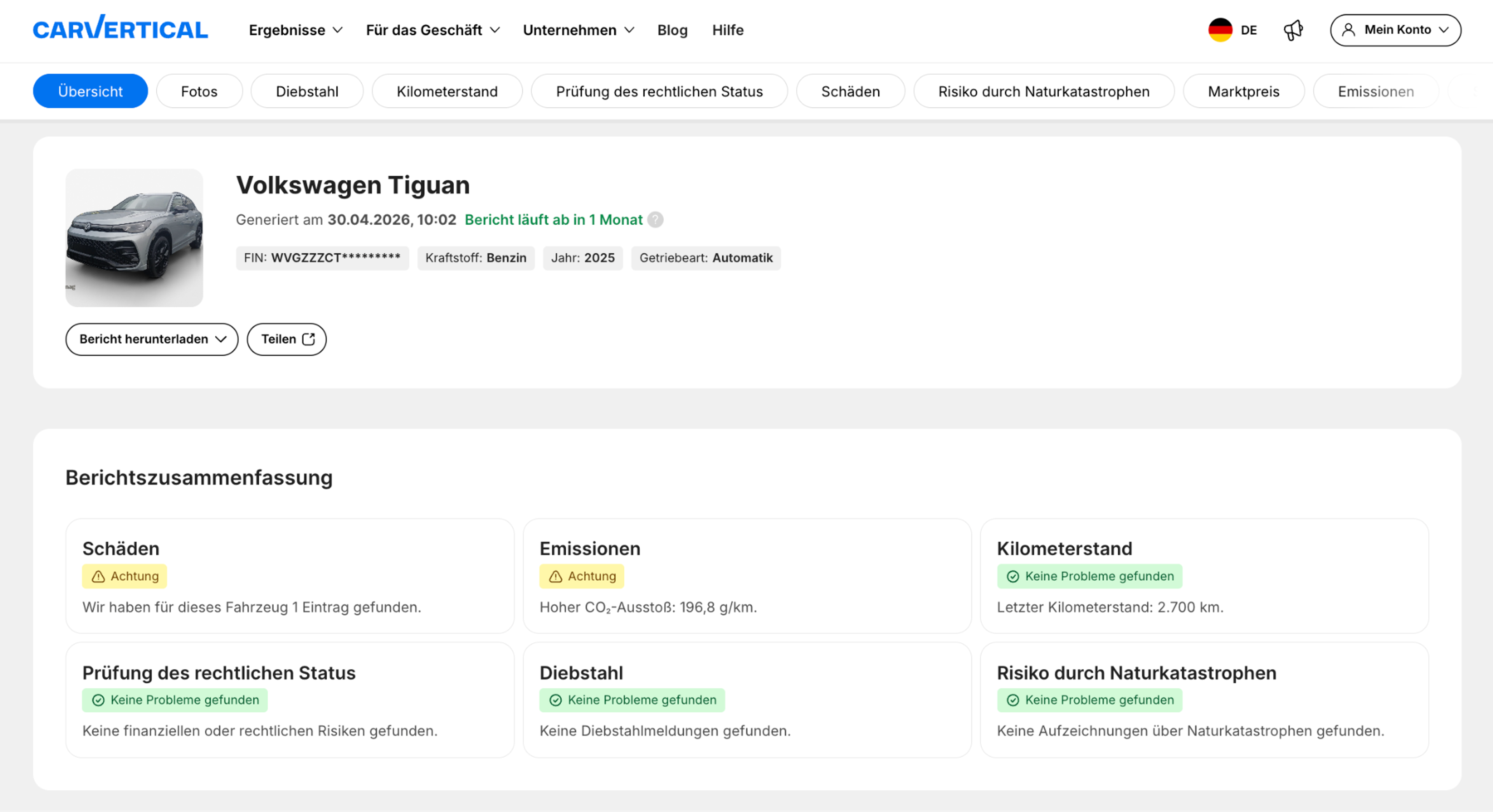 Berichtszusammenfassung im carVertical-Bericht