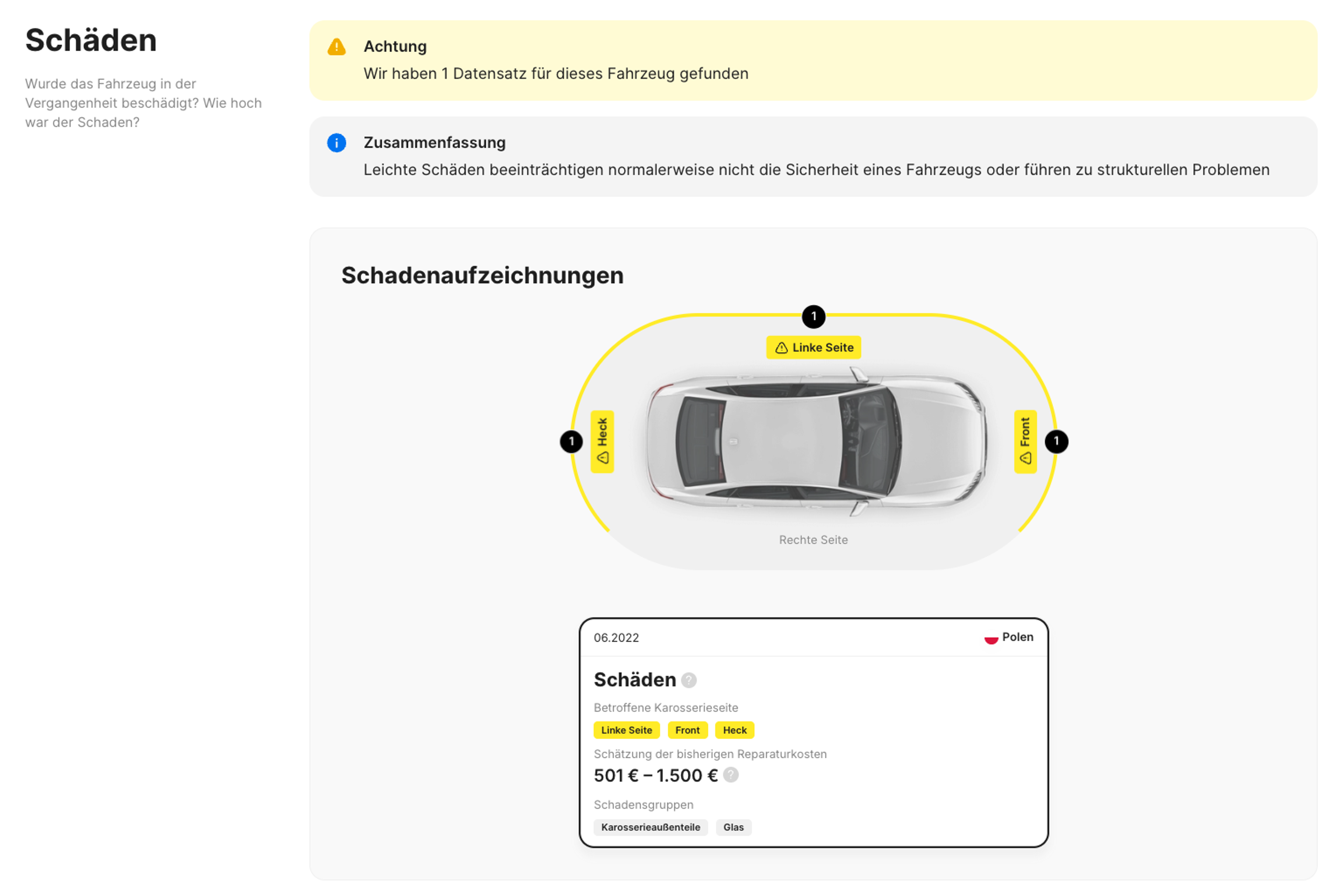 Schadensaufzeichnungen im carVertical-Bericht