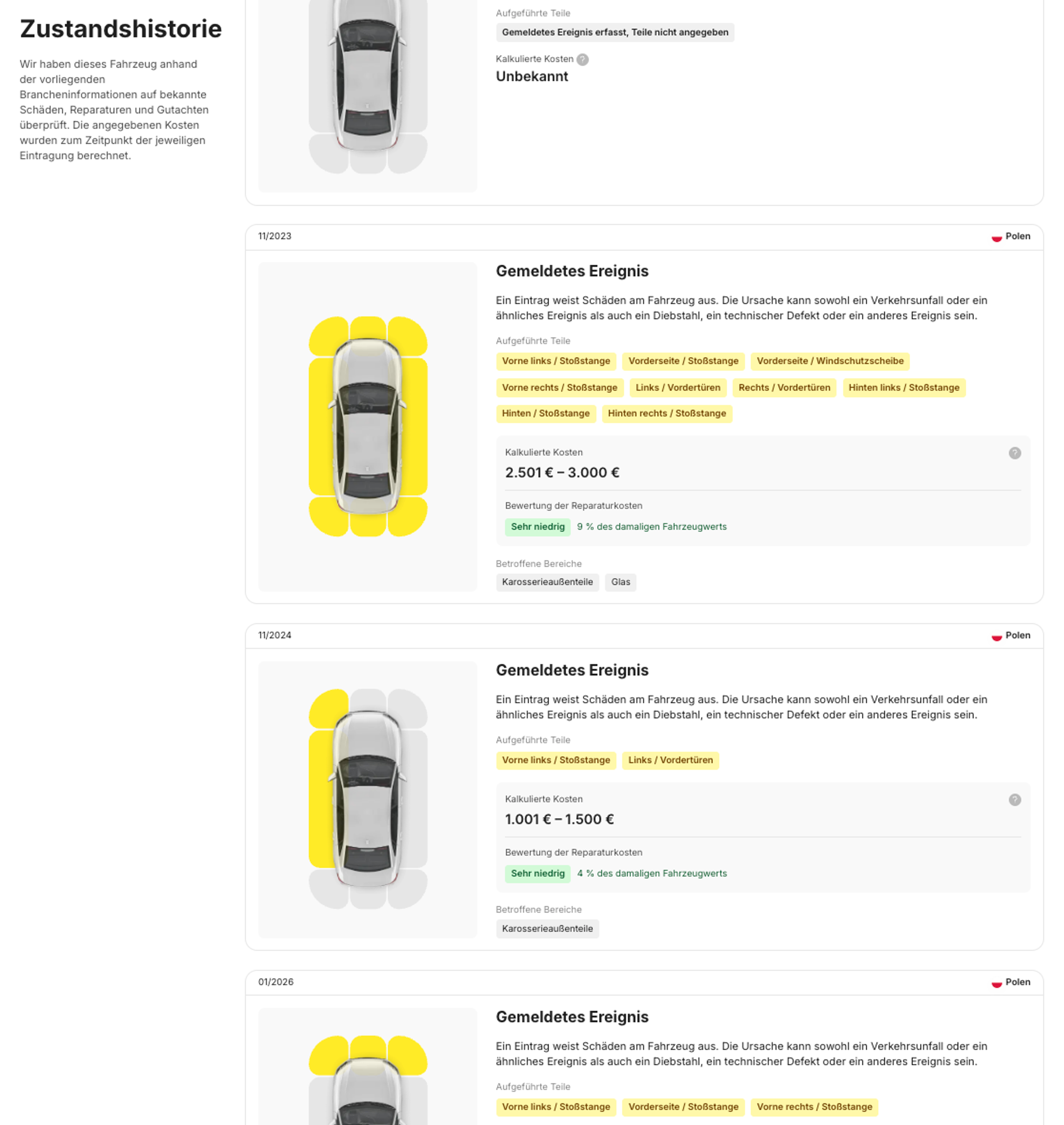 Mehrere Schadenseinträge in der Fahrzeughistorie