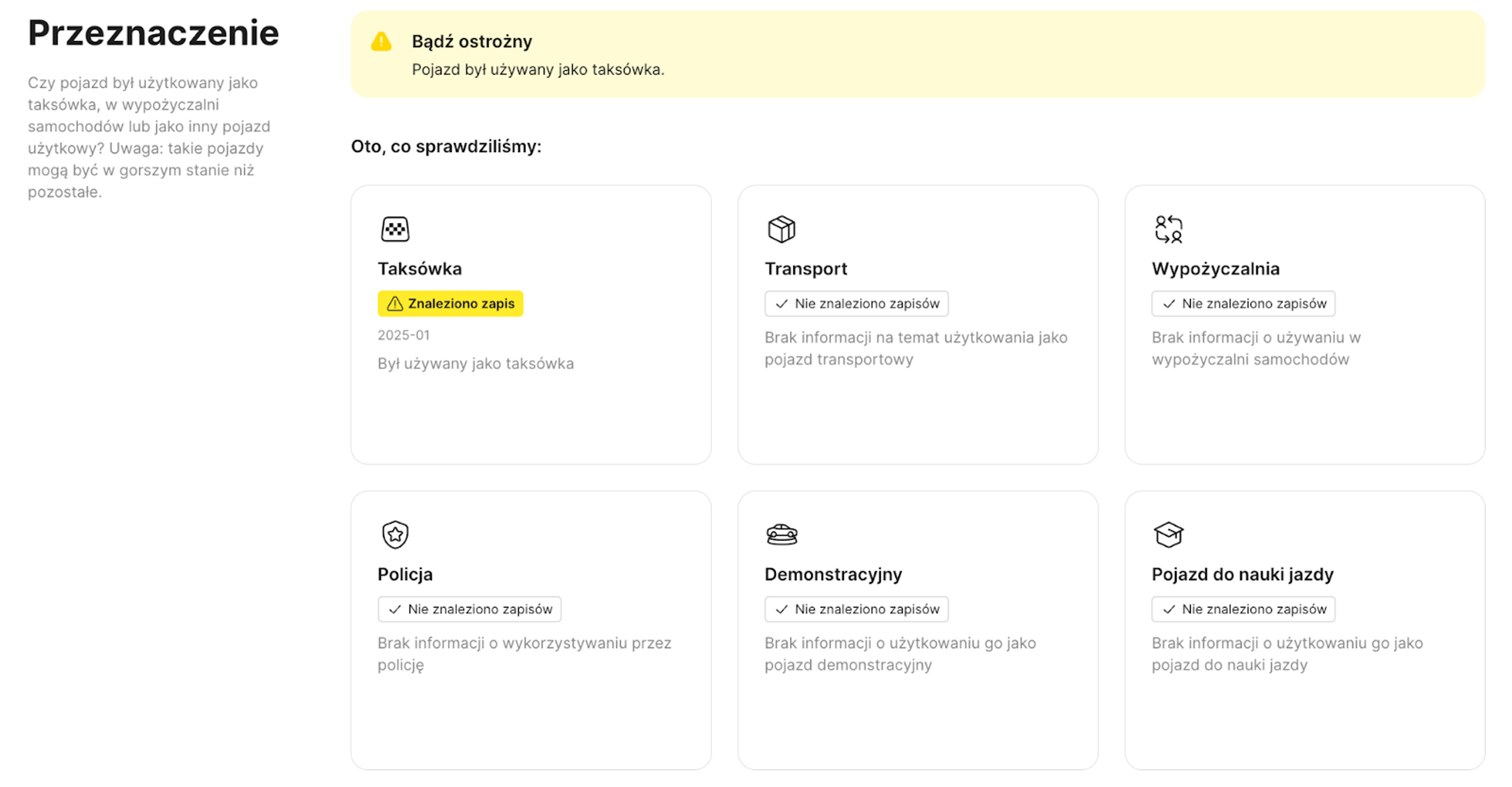 Informacja o tym, że samochód był używany jako taksówka