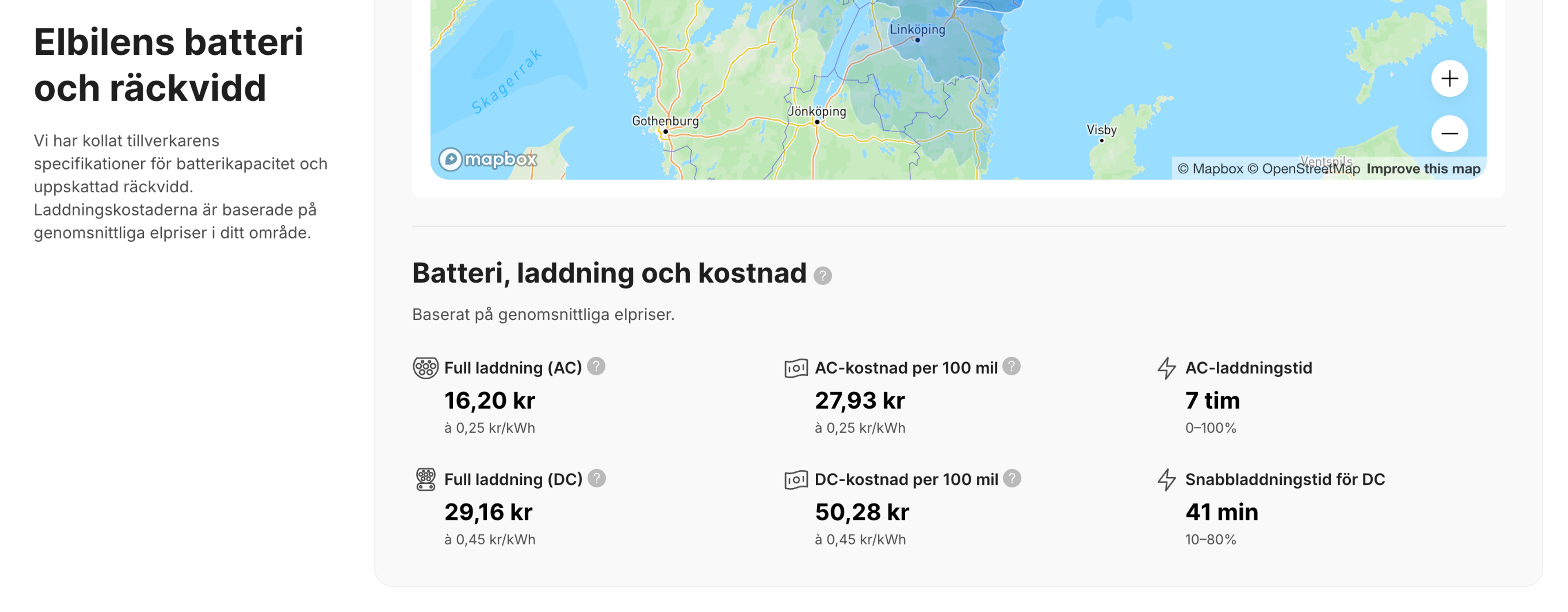 Uppskattningar av laddningstid och kostnad för elbilar i fordonsrapporten.
