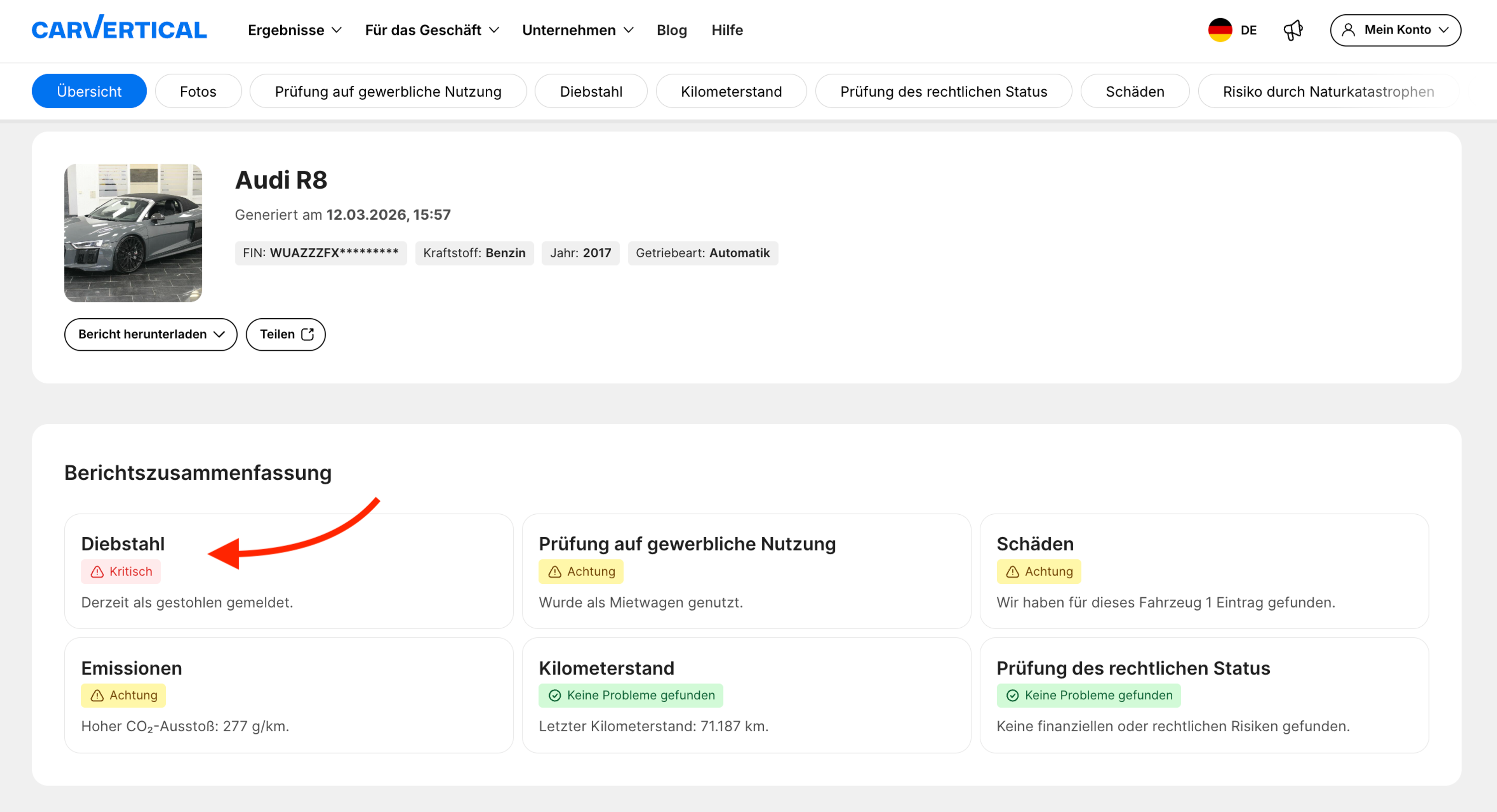 Diebstahlwarnung in der Zusammenfassung des carVertical-Berichts